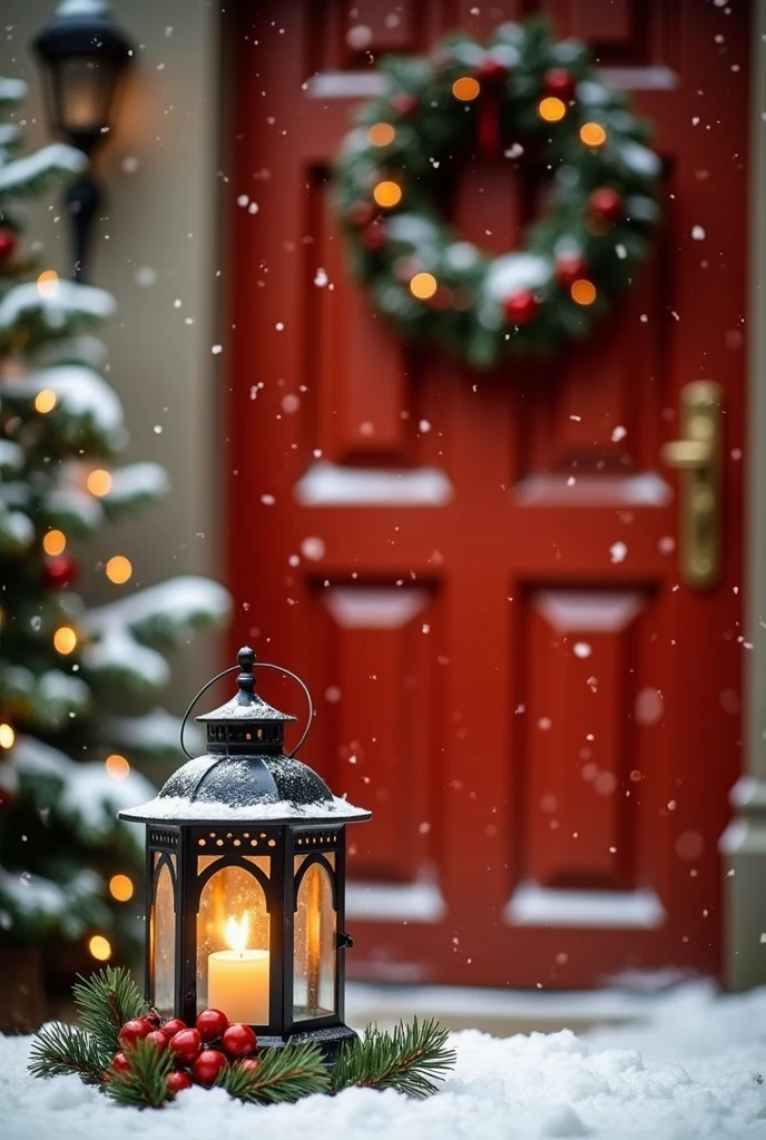 A dibrshstrk style painting, a Christmas wreath and lantern with a candle inside of it in the snow, lantern light besides, studio shot with red door and studion lights in background