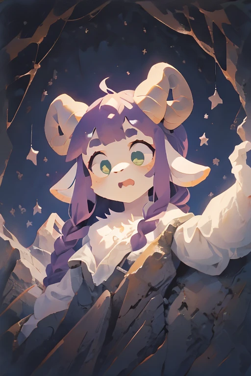 Aerial view of a goat girl facing the front, anthro,  wild goat, female goat , break, white goat head, ( purple hair), Straight bangs,  Trimmed Back Hair ,  green eyes, White body, (The black horn of a goat),  white goat ears , Fluffy, break, Looking up in the dark , surprise, dusk, The End