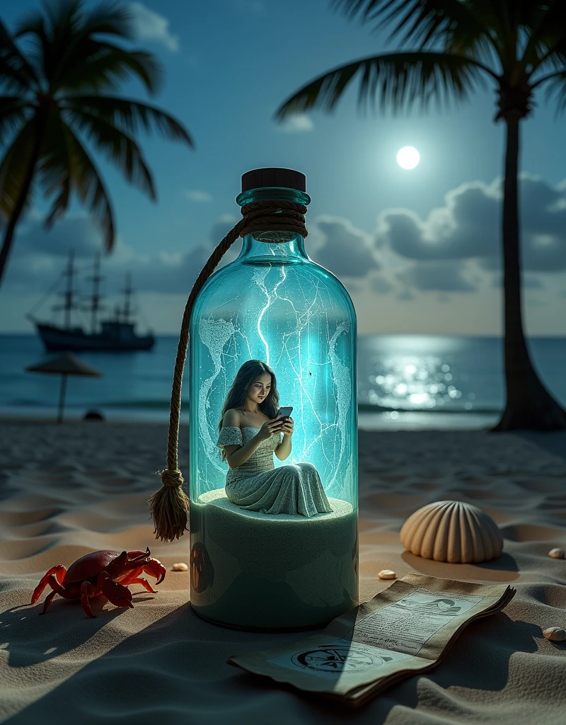 A photograph of a a crystal clear quartz bottle, the bottle having an ancient inscription, the bottle is on beach sand, a curious red crab beside that bottle, the bottle and surrounding sand is glowing in the moonlight, inside that enclosed bottle there is a captured tiny beautiful female genie is sitting cross-legged, detailed face, she is donning an ornated Middle Eastern silk gown, she is playing a mobile game on her Phone, a tropical beach landscape, a palm tree in the background, some beach umbrellas in the distance, seashells around the bottle, a constellation in the night sky, and a shipwreck in the distant ocean, in the style of cinematic still life photography, masterpiece, with an ancient map rolled up and an old, weathered compass near the bottle