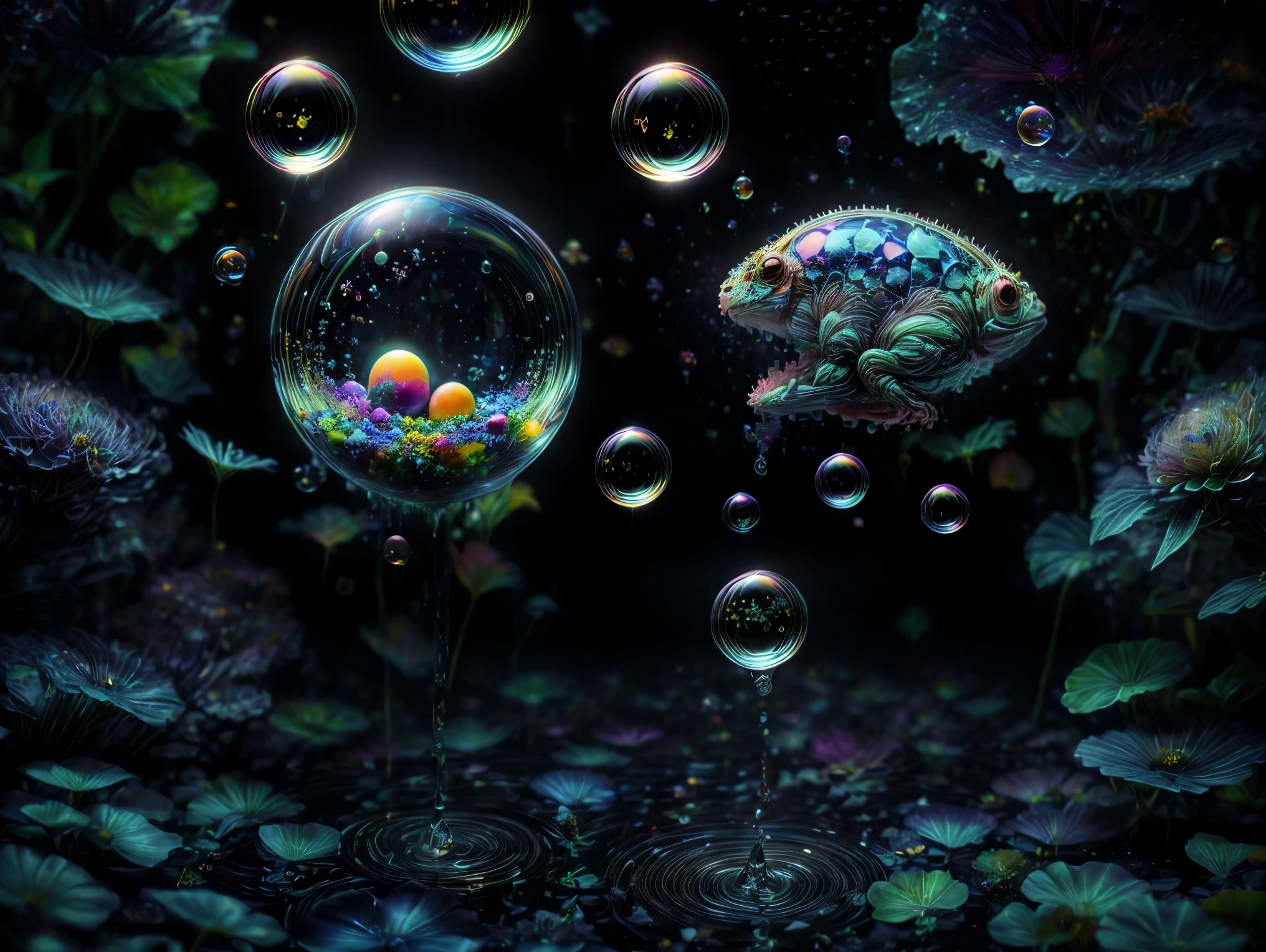 In this dimension colors and shapes change constantly. Psychedelic patterns will appear and disappear or change without warning. Space and time can warp into an optical illusion put through a colidoscope reflected in a funhouse mirror. Reality will bend and twist and spiral out of control here. The sky itself will be change from one neon color to another and will even change textures. The water will change color and thickness and then sometimes change into blood. The water sonetimes takes on a different shape and can join together and lift itself up and away at will. In the end all objects end up perfectly symmetrical spheres 9rbs and bubbles and levitate and orbit around each other. Photorealistic UHD, realism,realistic as hell, cinematic photograph, cinematic portrait,cinematic lighting,cinematography, portrait photography, hyper reality, attention to detail,full focus, nature morphism, crystal,bubble morphism, glass and water morphism,best quality, masterpiece.