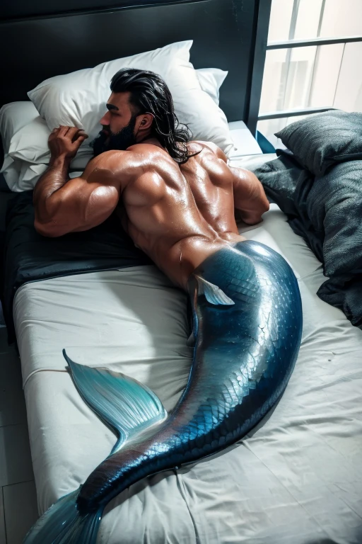  Muscular male bodybuilder with blue muscular mermaid tail. Lying and sleeping on a wood floor. He is oiled ,  wet and oily . Sexy back and ass . black hair, black beard. It's raining