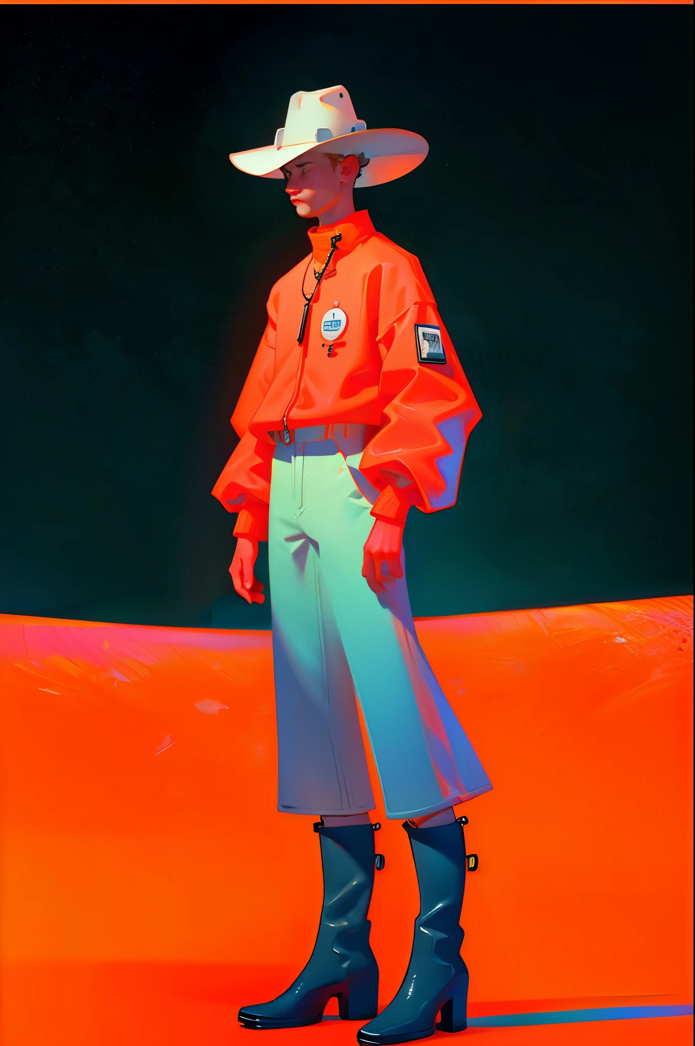 (ultra detailed, Ultra high resolution , detailed background),((2d)),((flat color)),((Mute color)), 1SOLO,  looking at the spectator , Japanese futuristic cowboy , Urbano, ( big orange rubber boots ), Plush necklace, Astronaut helmet (( with cowboy hat )) full body image, (( full body)) (hdr) (8K)