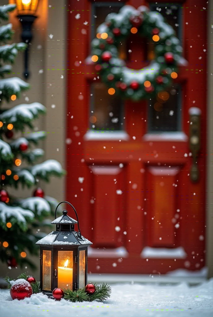 A dibrshstrk style painting, a Christmas wreath and lantern with a candle inside of it in the snow, lantern light besides, studio shot with red door and studion lights in background