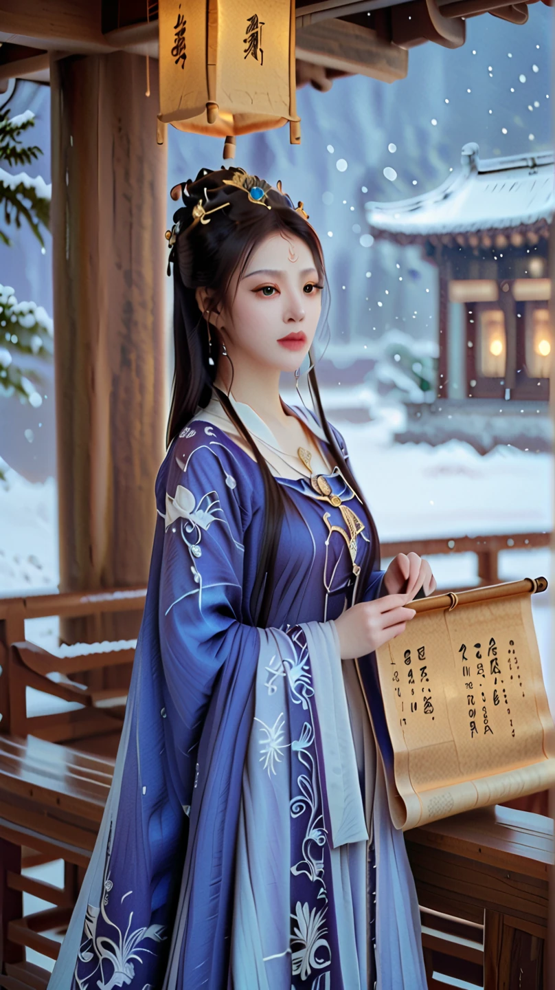 Dunhuang art style, Extremely long-distance lens, A beautiful girl, Perfect face, Pretty Face, Wearing traditional silk dress, Standing on an ancient soft scroll with golden ancient texts, Zen style, Bright Star, Light and Shadow, Ancient White, epic, Extremely delicate brushstrokes, Reality, Photographed by DJI, illustration, 3D Rendering, UHD, masterpiece, accurate, anatomically correct, textured skin, super detail, 8k.Hgraphic elements, Dynamic Light, Cinematics, HDR, UHD, professional PHOTOGRAPH OF  a beautiful ancient Chinese girl from the Tang Dynasty, set in the tranquil winter landscape inspired by Wang Wei's poem "A Winter Evening Reminds Xue Shi Hu's Family" (Winter Evening: Remembering the House of Master Hu in the Snow).

Girl’s Description:
Outfit: Dress her in an elegant deep blue hanfu with intricate white snowflake embroidery, featuring wide sleeves and a flowing skirt that enhances her graceful appearance.

Hairstyle: Style her hair in a traditional updo adorned with delicate hairpins shaped like snowflakes, allowing a few soft strands to frame her lovely face.

Expression and Pose: Depict her seated on a wooden bench in the snow-covered courtyard, deeply engrossed in reading a bamboo scroll, with a serene expression reflecting the tranquility of the wintry scene.

Background Setting:
Integrate her into the snowy landscape, with gently falling snowflakes and the warm glow from a nearby lantern, adding to the enchanting atmosphere.

This artwork should beautifully capture the elegance of the girl and the peaceful, introspective mood of the Tang Dynasty winter scene.