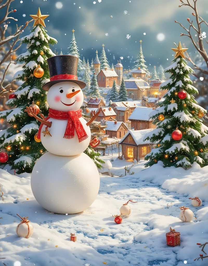 A serene winter snow scene with a picturesque snow-covered town in the background, houses and trees all dressed in silvery white. In this beautiful snow town stands a giant snowman wearing a red scarf and a black top hat, with coal eyes and a smiling mouth that looks especially lively. Scattered next to the snowman are several small snowballs, as if someone had just played here. The entire scene is imbued with a warm and beautiful atmosphere. High quality, high resolution, photorealistic winter landscape painting, featuring a giant snowman in a charming snowy village, by artists such as Thomas Kinkade or Vladimir Kush, trending on ArtStation, detailed snow textures, cozy winter atmosphere, heartwarming, nostalgic, peaceful, idyllic, snow-covered rooftops, frosty trees, vibrant red scarf contrast, intricate snowman details, sharp focus, dramatic lighting for depth and warmth, digital painting at its finest.Zeiss Otus 85mm F1.4, ISO 100 Shutter Speed 1/400, Vivid picture, intricate background,,Cardboard art engraving