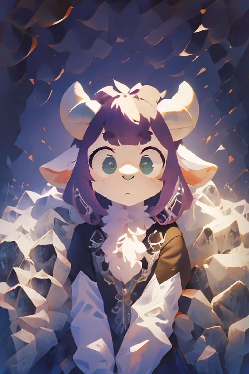 Aerial view of a goat girl facing the front, anthro,  wild goat, female goat , break, white goat head, ( purple hair), Straight bangs,  Trimmed Back Hair ,  green eyes, White body, (The black horn of a goat),  white goat ears , Fluffy, break,  Darkness, surprise, dusk, The End