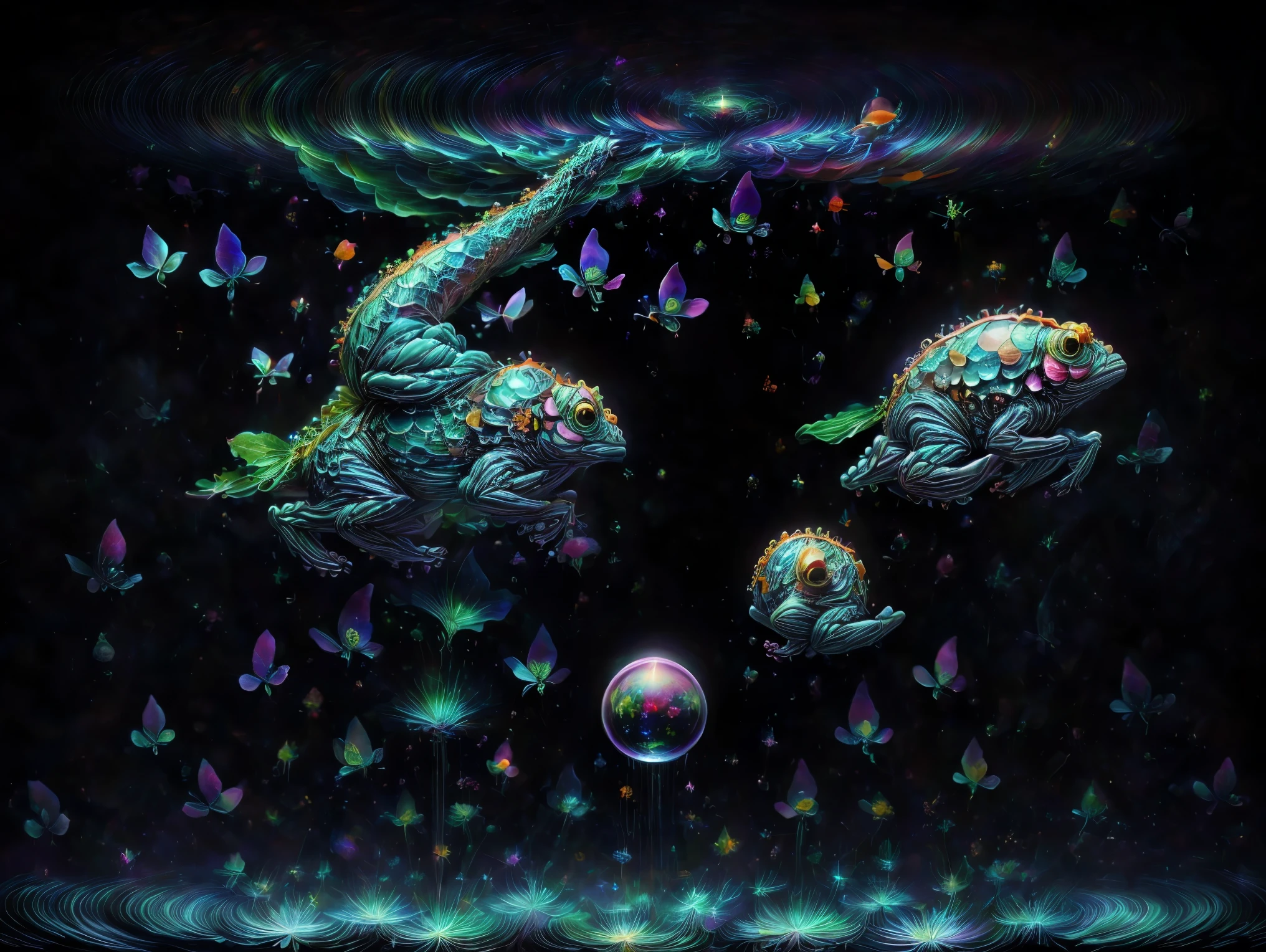 In this dimension colors and shapes change constantly. Psychedelic patterns will appear and disappear or change without warning. Space and time can warp into an optical illusion put through a colidoscope reflected in a funhouse mirror. Reality will bend and twist and spiral out of control here. The sky itself will be change from one neon color to another and will even change textures. The water will change color and thickness and then sometimes change into blood. The water sonetimes takes on a different shape and can join together and lift itself up and away at will. In the end all objects end up perfectly symmetrical spheres 9rbs and bubbles and levitate and orbit around each other. Photorealistic UHD, realism,realistic as hell, cinematic photograph, cinematic portrait,cinematic lighting,cinematography, portrait photography, hyper reality, attention to detail,full focus, nature morphism, crystal,bubble morphism, glass and water morphism,best quality, masterpiece.