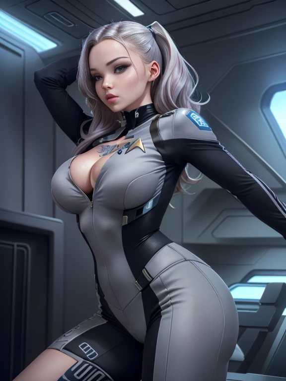 DoveCameron in a grey bodysuit with tattoos on her chest, in full Starfleet uniform, inspired by Eve Ryder, futuristic starship crew member, star trek voyager, sci-fi female, as a Starfleet officer, from star trek, cowboy shot, rear view, athletic and fit body, big breasts, huge cleavage