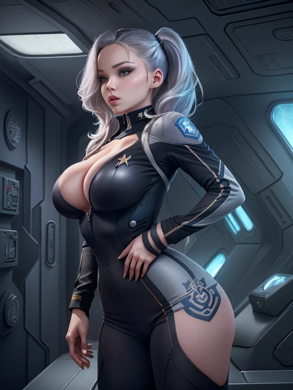 DoveCameron in a grey bodysuit with tattoos on her chest, in full Starfleet uniform, inspired by Eve Ryder, futuristic starship crew member, star trek voyager, sci-fi female, as a Starfleet officer, from star trek, cowboy shot, rear view, athletic and fit body, big breasts, huge cleavage