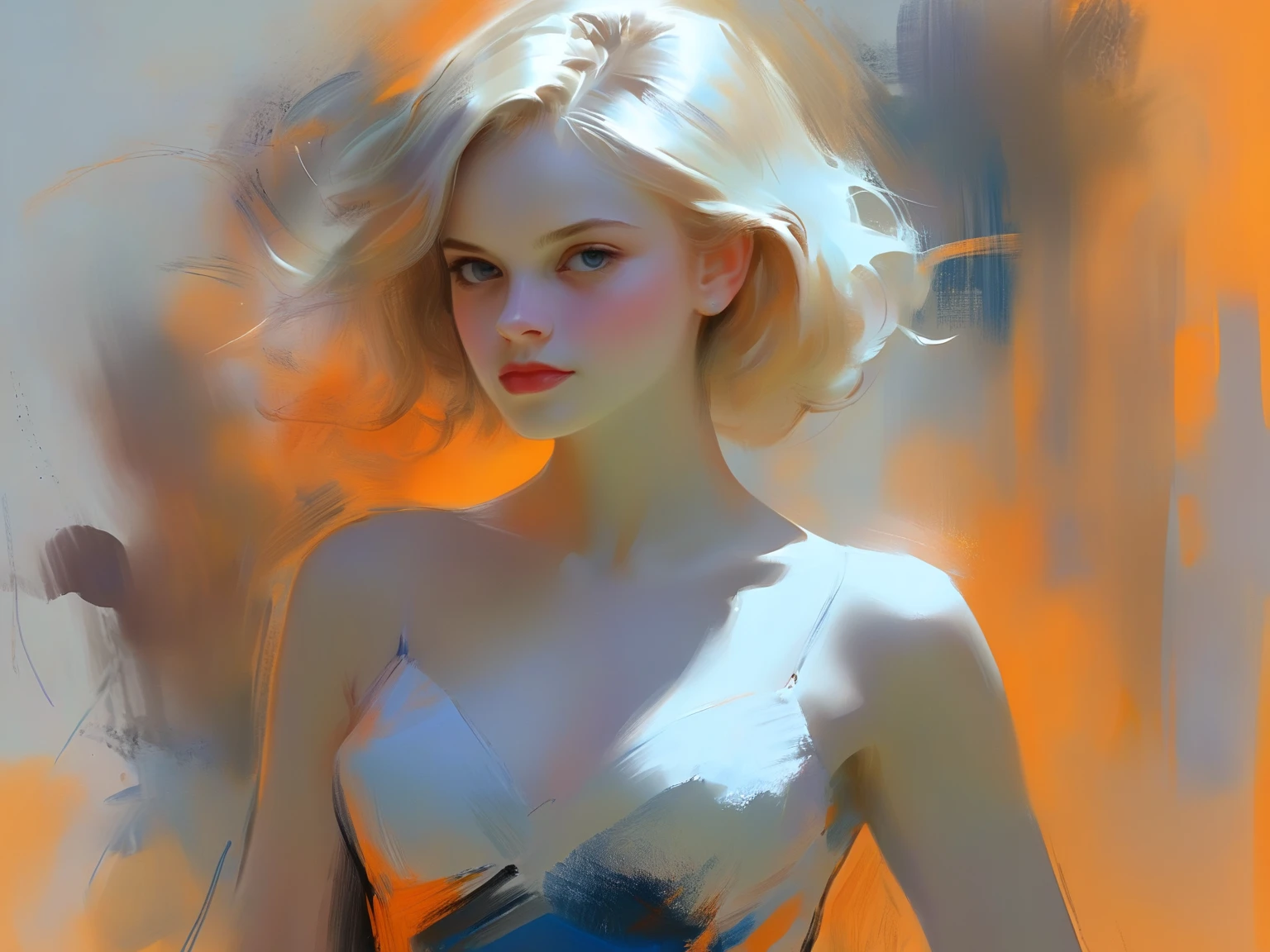 Pencil Sketch Drawing, line art drawing, a elegant beautiful young woman, combination of Erin Moriarty:0.9, joey king:0.7, Rachael Taylor:1.2, perfect body , big breasts,wearing tango dress, style oФ Casey Baugh, style oФ Pino Daeni(her silhouette outlined with glowing orange). (style of Vladimir Volegov:1.1).). blue white on grey color palette. big booty professional, sleek, modern, minimalist, graphic, line art, vector graphics, black and white drawing, graphite drawing, painting in the style of Anders Zorn, Alexi Brilo, Luisa Royo