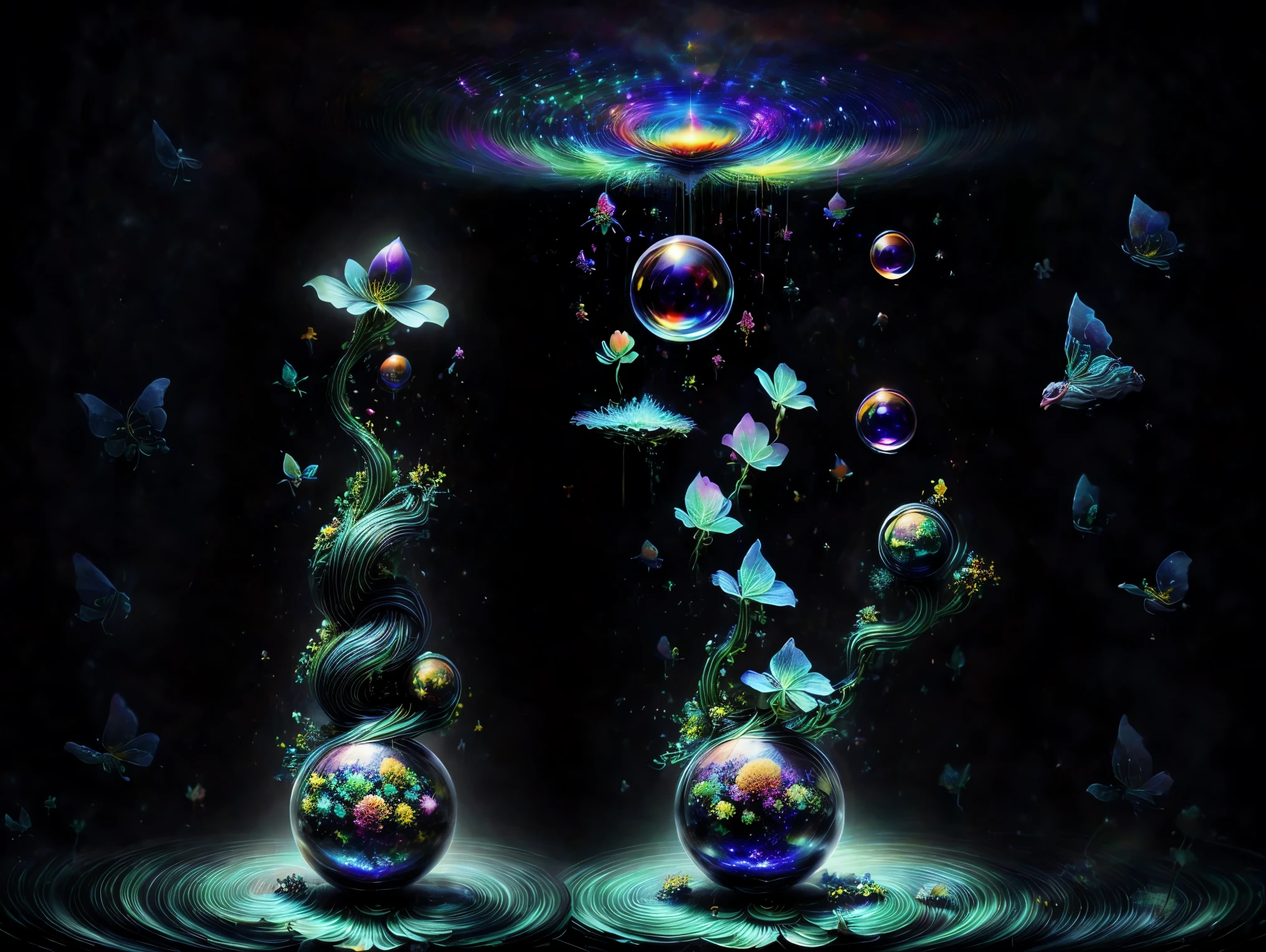 In this dimension colors and shapes change constantly. Psychedelic patterns will appear and disappear or change without warning. Space and time can warp into an optical illusion put through a colidoscope reflected in a funhouse mirror. Reality will bend and twist and spiral out of control here. The sky itself will be change from one neon color to another and will even change textures. The water will change color and thickness and then sometimes change into blood. The water sonetimes takes on a different shape and can join together and lift itself up and away at will. In the end all objects end up perfectly symmetrical spheres 9rbs and bubbles and levitate and orbit around each other. Photorealistic UHD, realism,realistic as hell, cinematic photograph, cinematic portrait,cinematic lighting,cinematography, portrait photography, hyper reality, attention to detail,full focus, nature morphism, crystal,bubble morphism, glass and water morphism,best quality, masterpiece.