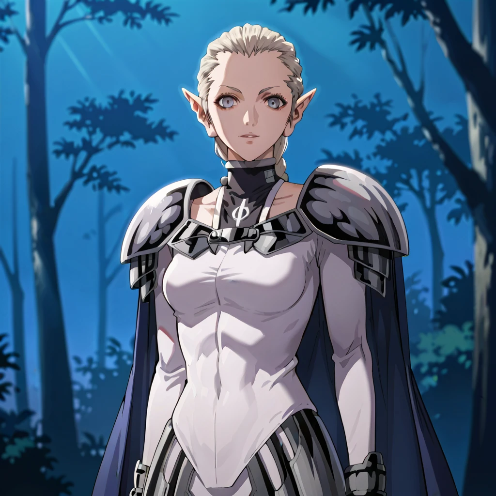 ophelia, single braid, pointy ears, pauldrons, bodysuit, cape, gray eyes, In the Dusky Forest ,night, Bizarre expression , wavy sword with afterimage on the right hand, top quality, rotten々and shining eyes , creepy atmosphere, smiles,  movie light effect,(細い目)