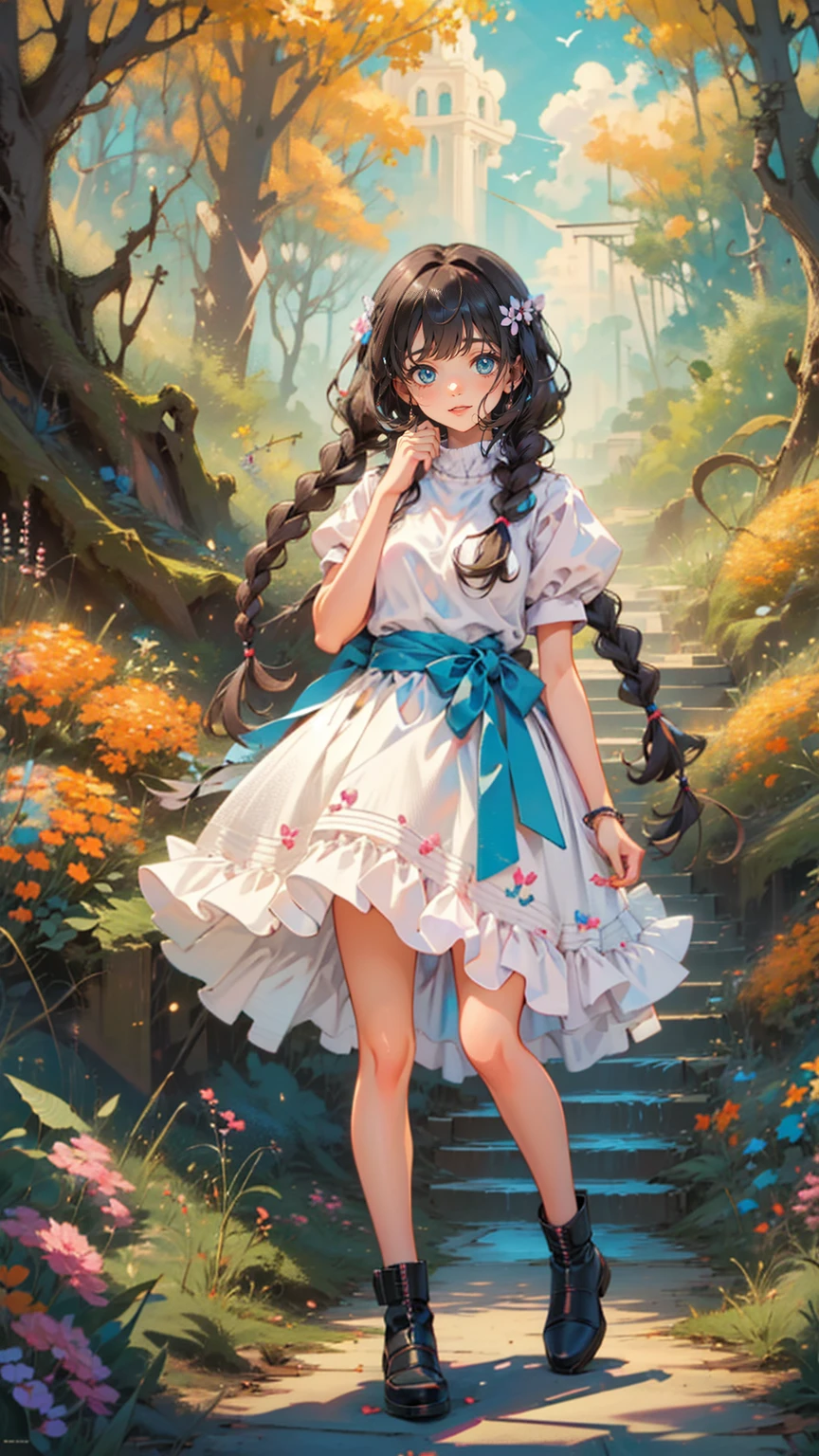  colorful なスイーツの世界, Fluffy, Lots of sweets,  colorful , pastel, cute, Dream Sweets,  full body, Front View,  cute girl,  blue eyes,  light brown hair , Standing in front of the camera, Neutral Pose,  Long Twin Tails,  braids ,  Princess Dress , smile,  high definition , The most detailed faces and eyes , masterpiece,  top quality, 4K,  magazine poster 