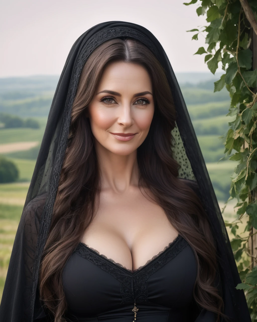 a portrait photograph of a pretty mid-age female, beautiful realistic photo, Look at 4K highly detailed art,  blush,  Big Breasts , look up, medieval European rural woman with dark hair,   very long hair,  widow、Mourning clothes、funeral veil、Seductive Smile, 