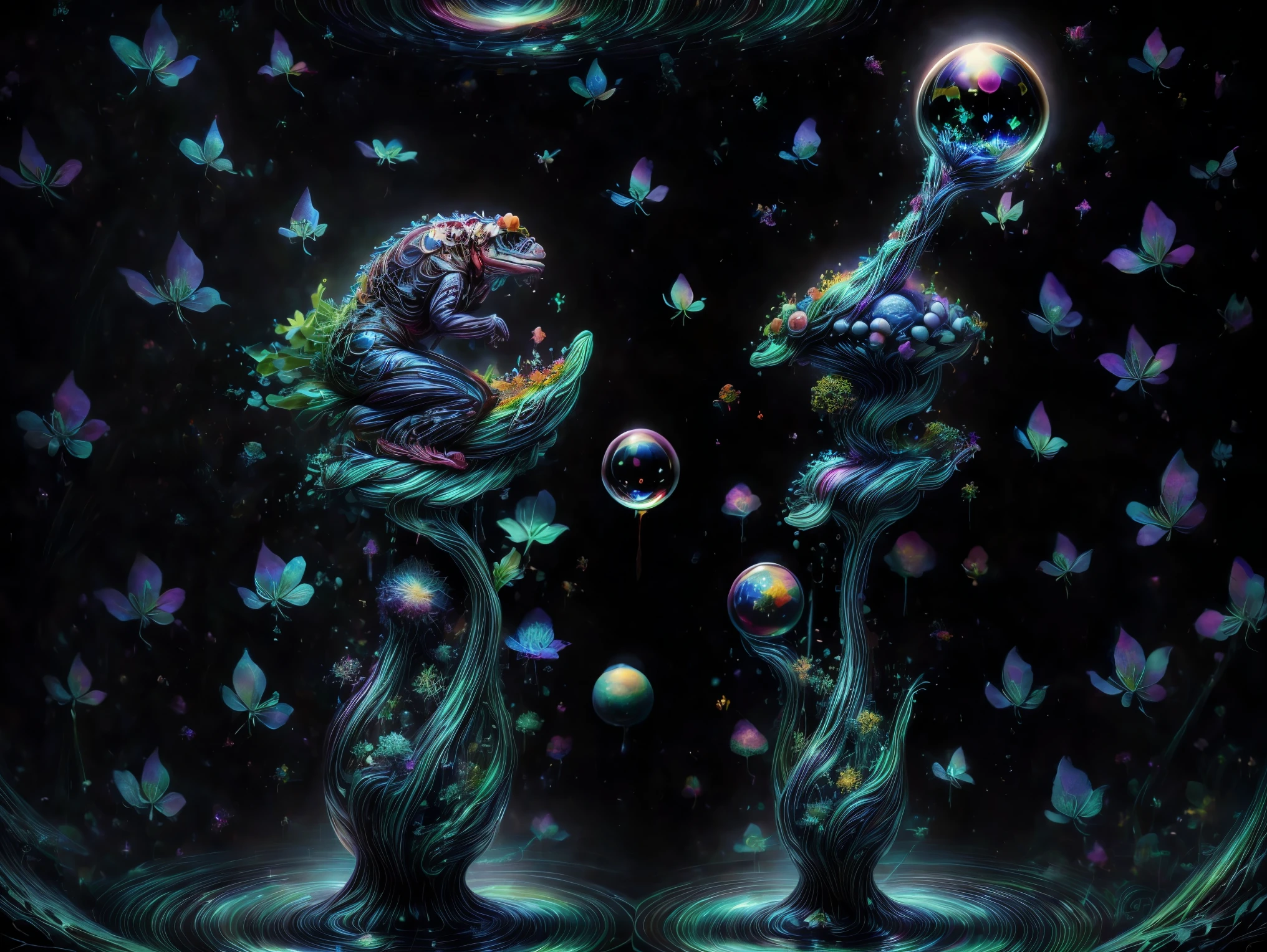 In this dimension colors and shapes change constantly. Psychedelic patterns will appear and disappear or change without warning. Space and time can warp into an optical illusion put through a colidoscope reflected in a funhouse mirror. Reality will bend and twist and spiral out of control here. The sky itself will be change from one neon color to another and will even change textures. The water will change color and thickness and then sometimes change into blood. The water sonetimes takes on a different shape and can join together and lift itself up and away at will. In the end all objects end up perfectly symmetrical spheres 9rbs and bubbles and levitate and orbit around each other. Photorealistic UHD, realism,realistic as hell, cinematic photograph, cinematic portrait,cinematic lighting,cinematography, portrait photography, hyper reality, attention to detail,full focus, nature morphism, crystal,bubble morphism, glass and water morphism,best quality, masterpiece.