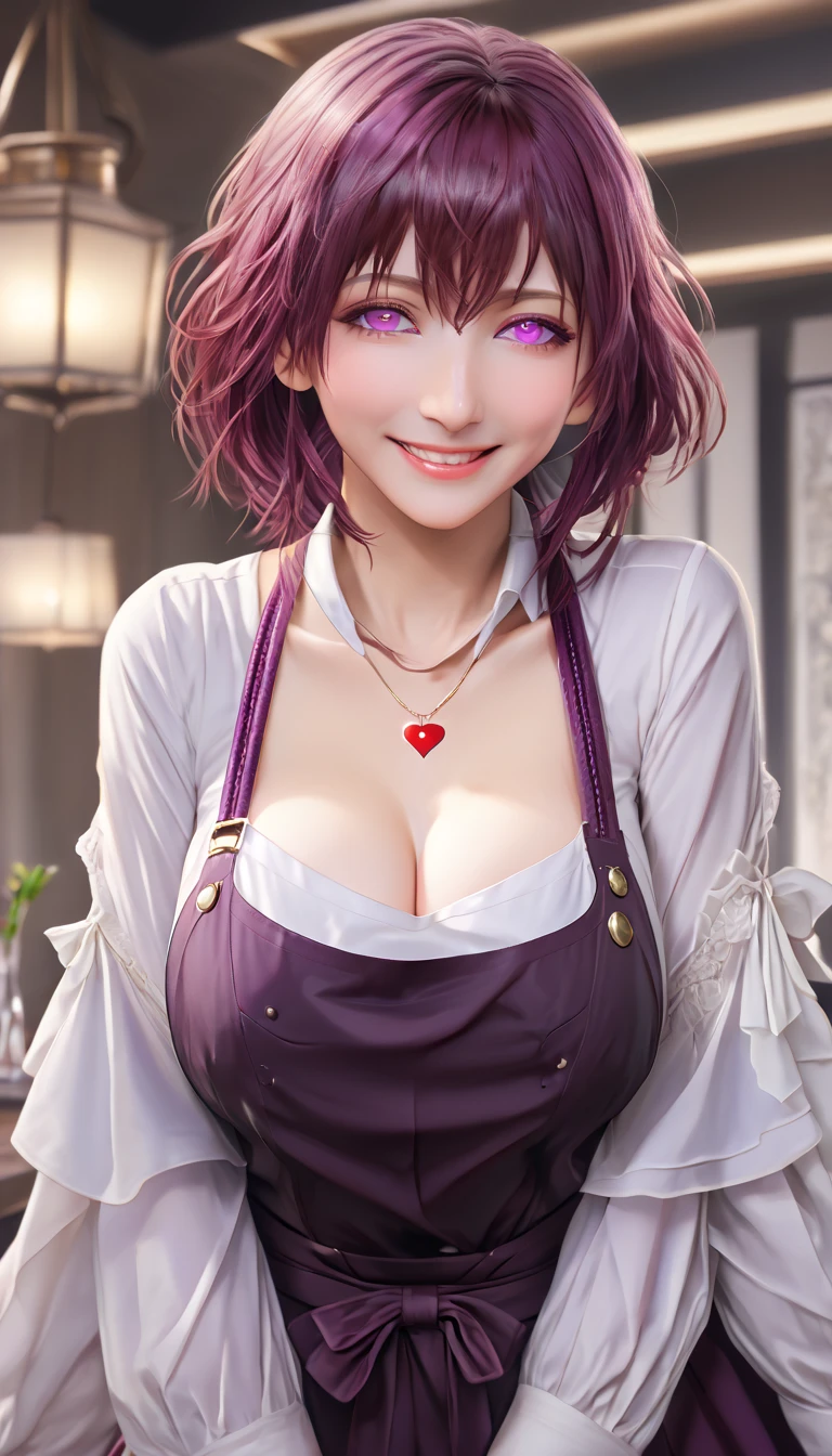 ultra-detailed,(best quality),((masterpiece)),(highres),original,extremely, 1girl, kafka,honkai  star rail, purple eyes, wife,milf, purple hair, large breasts, happy,smile, closed mouth, blush, in heat, blush, long hair,naked apron ,standing,breast grab,love, heart,