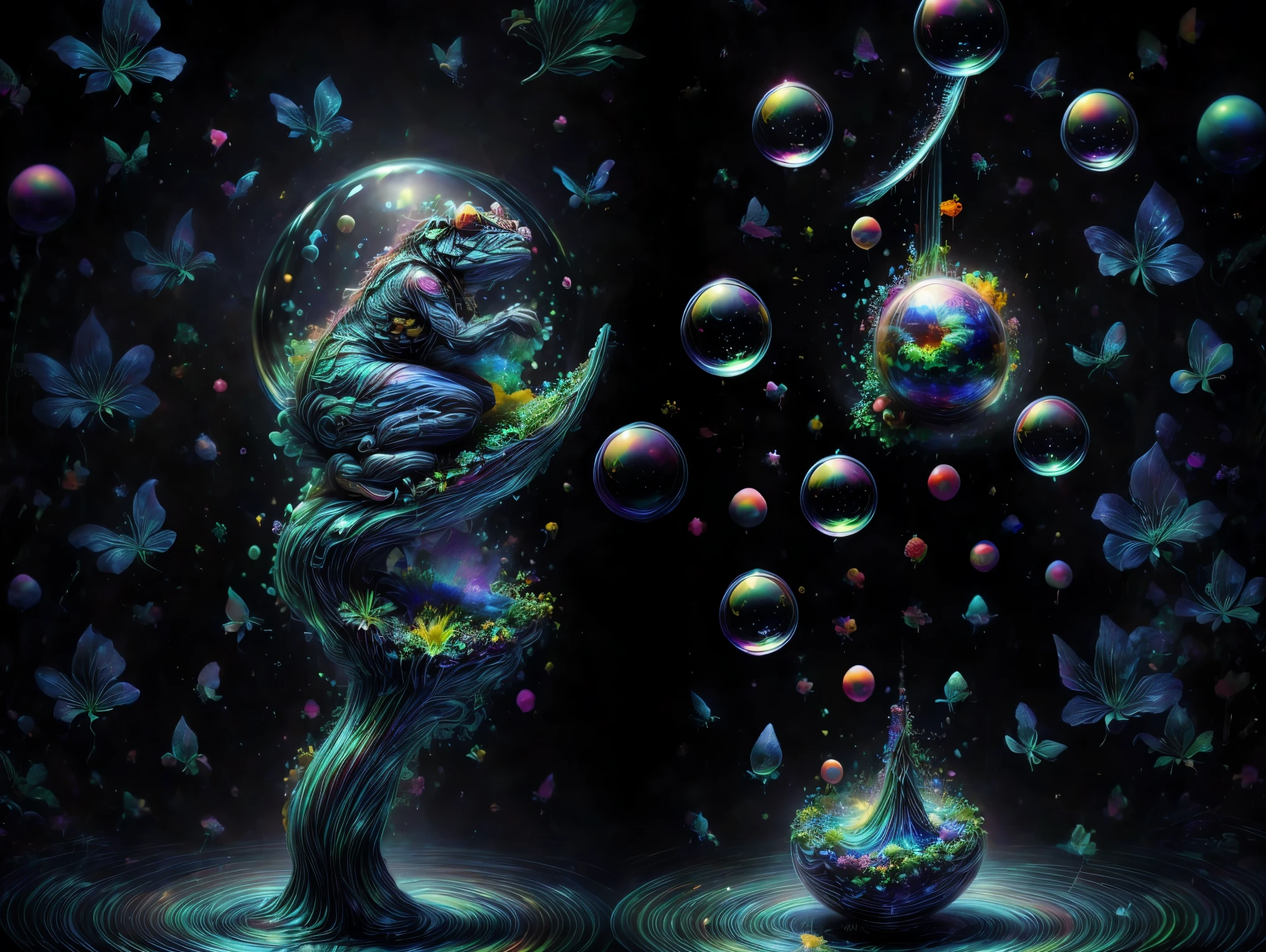 In this dimension colors and shapes change constantly. Psychedelic patterns will appear and disappear or change without warning. Space and time can warp into an optical illusion put through a colidoscope reflected in a funhouse mirror. Reality will bend and twist and spiral out of control here. The sky itself will be change from one neon color to another and will even change textures. The water will change color and thickness and then sometimes change into blood. The water sonetimes takes on a different shape and can join together and lift itself up and away at will. In the end all objects end up perfectly symmetrical spheres 9rbs and bubbles and levitate and orbit around each other. Photorealistic UHD, realism,realistic as hell, cinematic photograph, cinematic portrait,cinematic lighting,cinematography, portrait photography, hyper reality, attention to detail,full focus, nature morphism, crystal,bubble morphism, glass and water morphism,best quality, masterpiece.
