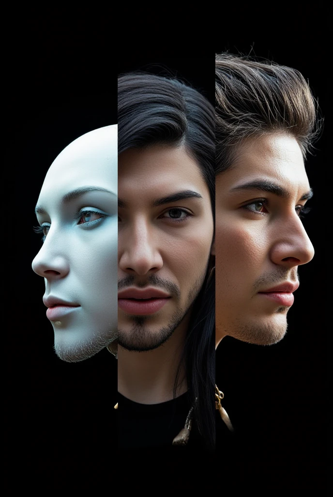 Image of the faces of Greek characters strong male with pieces of sexy stone with touches of gold with small object details,  on the left side a futuristic robot in light colors looking at the central face,  and on the right side a strong primate and muscle , The three looking forward , with a black background and a futuristic environment
