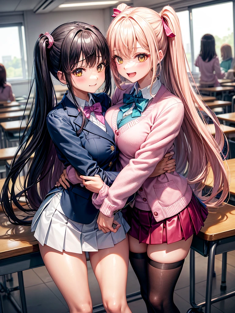 ((2girls)), ((Best Quality)), (Ultra-detailed), (extremely detailed CG unified 8k wallpaper), Highly detailed, High-definition raw color photos, Professional Photography, ((Beautiful big breasts)), ((bare breasts)), (Pink floral hair ornament), Peanut butter brown hair, Amazing face and eyes, Pink eyes, (amazingly beautiful girl), School, classroom, (hi-school uniform, pleated skirt:1.3), (hi-school uniform with wide open breasts:1.4), (no panties:1.3), Cameltoe,