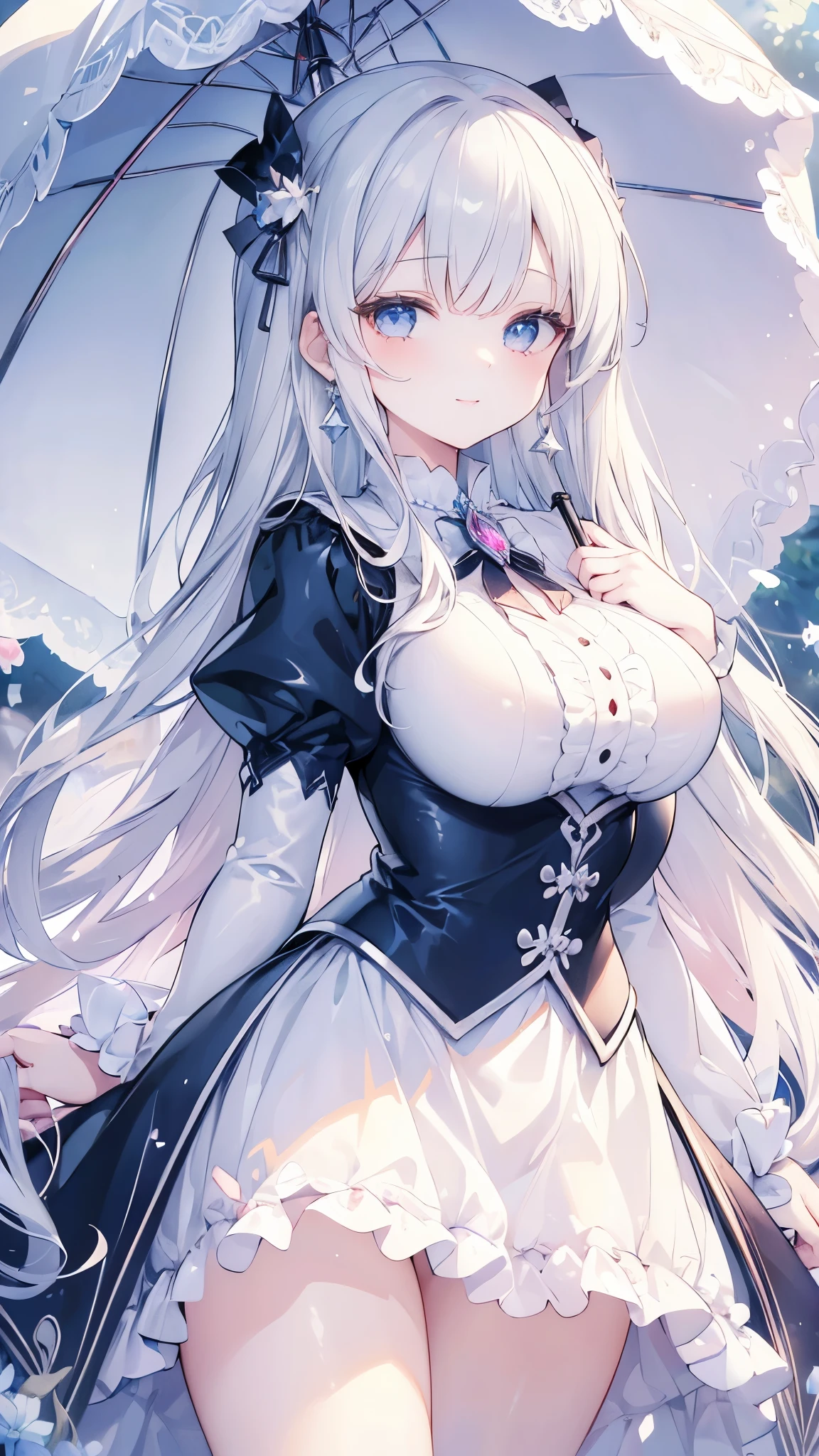 masterpiece, best quality, highres, aabelfast, long hair, french braid, maid headdress, collar, chain, collarbone, cleavage, frills, maid, sleeveless, elbow gloves, white gloves, white apron, cowboy shot, standing, garden, smile,