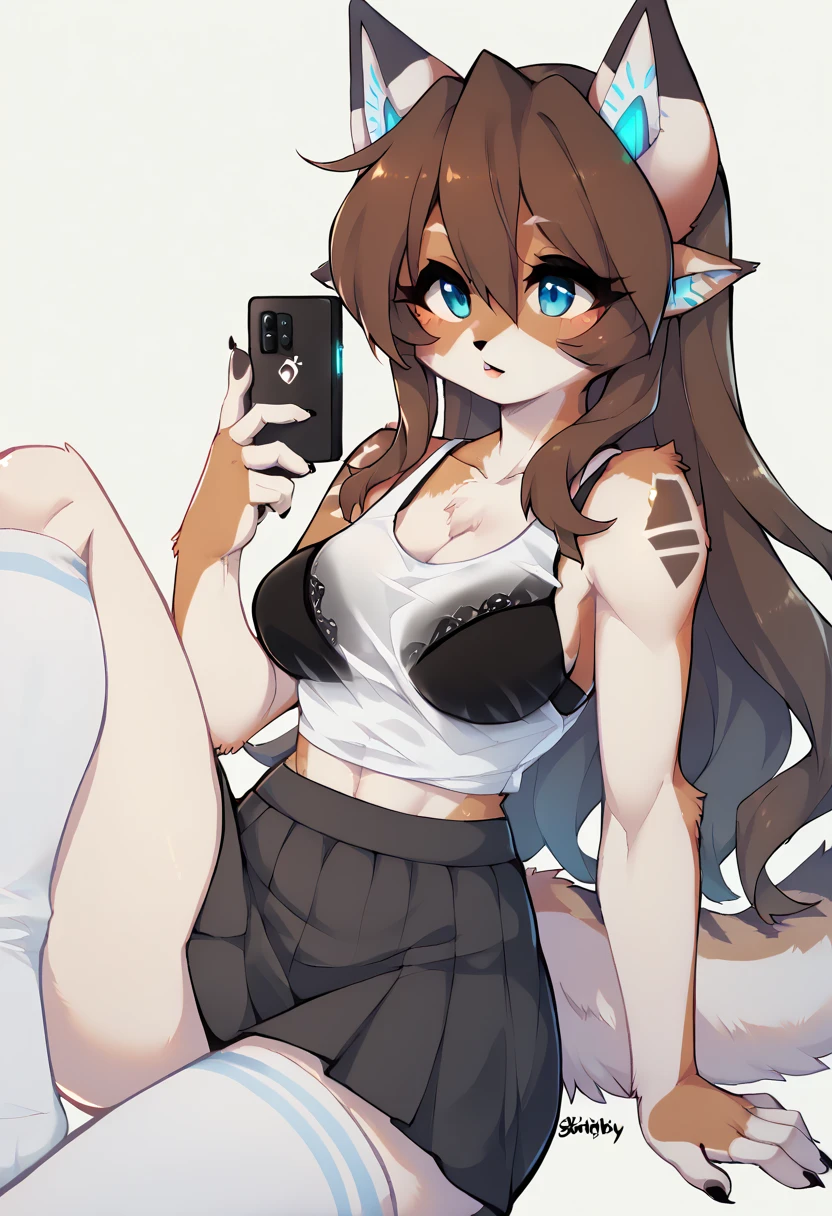 kemono, furry,  anthro robokitty An android cat girl , Bio-mechanical features ,  white fur,   organically alive and in love Brown pointy ears ,  small brown and ochre spots and stripes long dark brown hair , unkempt hair,  big boobs in a deep neckline in a white tank top with a black bra sticking out  (tight chest)  and a black cell phone charger in the neckline the white shirt is long under a sleeve shirt light blue,  sexy blouse from the 2000s and dark gray skirt ,  long white socks with horizontal blue lines  