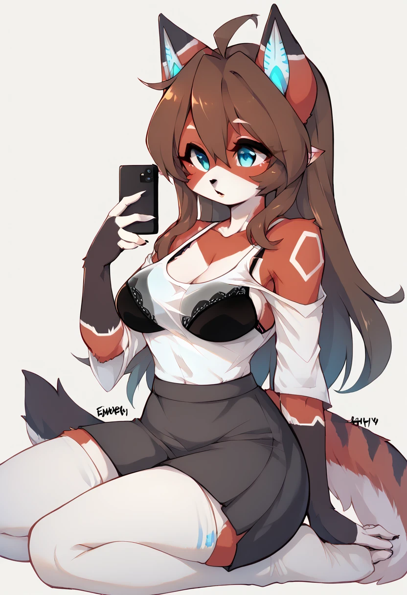 kemono, furry,  anthro robokitty An android cat girl , Bio-mechanical features ,  white fur,   organically alive and in love Brown pointy ears ,  small brown and ochre spots and stripes long dark brown hair , unkempt hair,  big boobs in a deep neckline in a white tank top with a black bra sticking out  (tight chest)  and a black cell phone charger in the neckline the white shirt is long under a sleeve shirt light blue,  sexy blouse from the 2000s and dark gray skirt ,  long white socks with horizontal blue lines  