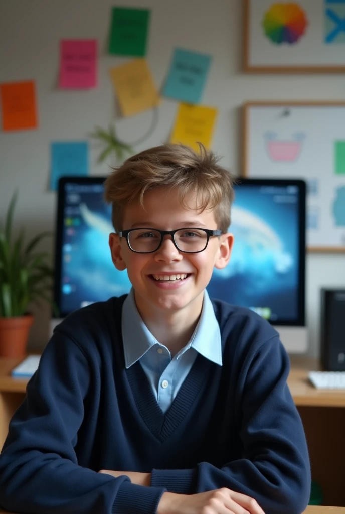 High Quality,8K Ultra HD,A student is interested in video editing, game creation and graphics. He is in a classroom full of things he is interested in. He looks cheerful and enthusiastic.Wearing a school uniform