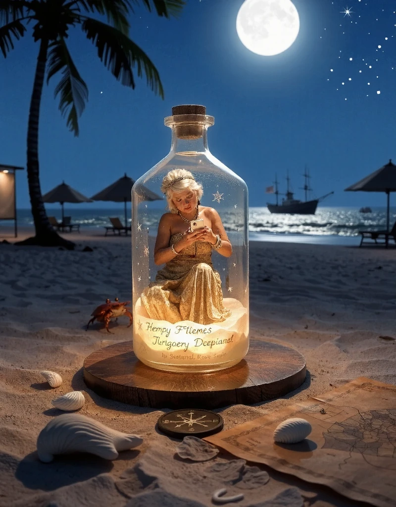 A photograph of a a crystal clear quartz bottle, the bottle having an ancient inscription, the bottle is on beach sand, a curious red crab beside that bottle, the bottle and surrounding sand is glowing in the moonlight, inside that enclosed bottle there is a captured tiny beautiful female genie is sitting cross-legged, detailed face, she is donning an ornated Middle Eastern silk gown, she is playing a mobile game on her Phone, a tropical beach landscape, a palm tree in the background, some beach umbrellas in the distance, seashells around the bottle, a constellation in the night sky, and a shipwreck in the distant ocean, in the style of cinematic still life photography, masterpiece, with an ancient map rolled up and an old, weathered compass near the bottle