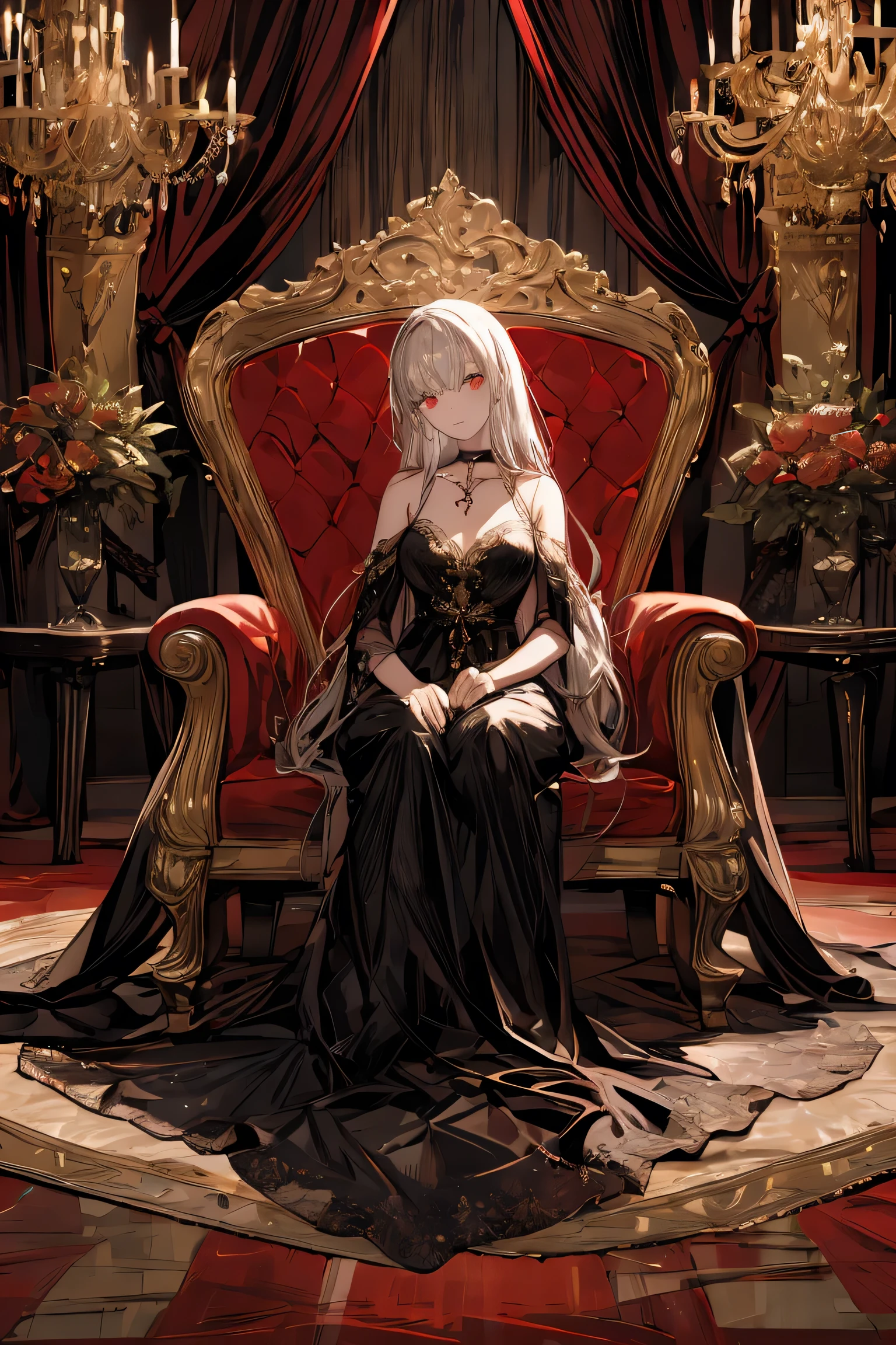 "Masterpiece, Best Quality, Ultra-high resolution, 8k, (Perfect Face:1.2), (Whole Body), (High Detail:1.3), (Ultra-detailed Eyes:1.3), Fine Grain, Dramatic Lighting, Focus Only, Smooth Skin, Luxurious and Elegant Composition.

Character: Lillian de Cartenne, an elegant and seductive noblewoman.

Hair: Long, flowing platinum blonde hair cascading to her waist, with a subtle silver sheen, highly detailed.

Eyes: Sharp, intense ruby-red eyes, glowing and captivating, with a reflective sparkle.

Expression: A confident, cold smirk or a soft, tearful, emotional gaze.


Outfit:

A form-fitting crimson gown with an off-shoulder design that accentuates the collarbone.

Delicate black lace details along the hem and sleeves.

A black choker with a blood-red ruby pendant and matching ruby accessories.

Elegant black lace gloves and nails painted dark ruby red.

A long flowing train from the gown, adding a dramatic and majestic effect.


Pose:

Standing confidently, holding a glass of wine in one hand while elegantly grasping her gown with the other.

Alternatively, reclining gracefully on a luxurious velvet sofa, legs crossed, exuding elegance and allure.


Background:

A dark, gothic-style hall with ornate chandeliers casting soft candlelight shadows.

A large window reflecting a rose bush under the moonlight, with petals gently scattered across the marble floor.

Rich, dark tones contrasted with crimson accents and silver highlights, creating a dramatic and opulent atmosphere.


Design:

Title in ornate golden script at the bottom of the cover.

The character is centrally placed, with intricate details in clothing, pose, and expression highlighted.

The overall mood is dark, romantic, and luxurious, ideal for a romantic fantasy novel cover."



---

