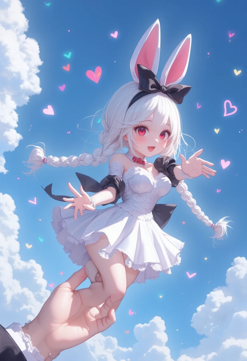 cuteポップバルーン型 "MINANO USAKO ". Pop and vivid and comical and colorful and cute art.  everything that floats in zero gravity .  beautifully colored heart and star marks.  rabbit girl\(Chibi,cute, Cute, red eyes, White Rabbit Ears ,  wearing a pretty white dress 、 embroidered with shiny white silk ,  lavishly braided long white hair ,  large black hair bows ,  surprised face, smile, cute pose,  waves, Idol\) Floating in the air.  Everything that floats in the sky . Feeling happy,  Gratitude . appreciate. Beautiful sky.  anime style .perfect hand, detailed hands ,