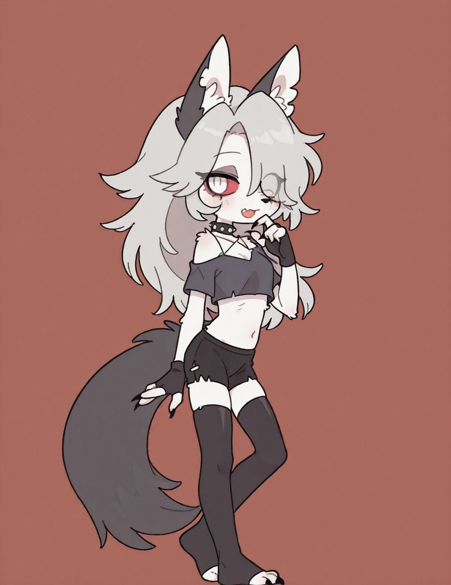 solo,1girl\(cute,chibi,kawaii,big eyes,(red sclera:1.3),(white eyes:1.3), Loona, Loona\(Helluva Boss\),hellhound, muzzle,long hair, Anthro, furry, (transparent hair over one eye:1.3), (fang:1.4), sharp teeth, slit eyes,bored,(full body),(abs:0.8),long nails,detailed face,(detailed fur:1.3),shiny fur, thigh highs, fingerless gloves,Shorts, Crop top\).dynamic angle. score_9, score_8_up, score_7_up, score_6_up, score_5_up, score_4_up, source_anime,source_furry,rating_safe,rating_questionable,masterpiece, best quality, perfect anatomy , very aesthetic , absurdres .from side,cute background,from side,(solo:1.3)