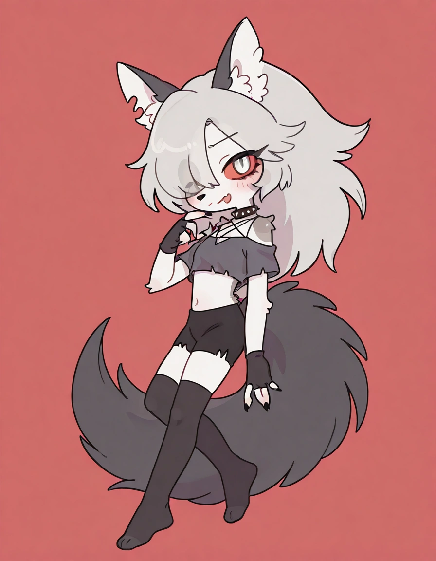 solo,1girl\(cute,chibi,kawaii,big eyes,(red sclera:1.3),(white eyes:1.3), Loona, Loona\(Helluva Boss\),hellhound, muzzle,long hair, Anthro, furry, (transparent hair over one eye:1.3), (fang:1.4), sharp teeth, slit eyes,bored,(full body),(abs:0.8),long nails,detailed face,(detailed fur:1.3),shiny fur, thigh highs, fingerless gloves,Shorts, Crop top\).dynamic angle. score_9, score_8_up, score_7_up, score_6_up, score_5_up, score_4_up, source_anime,source_furry,rating_safe,rating_questionable,masterpiece, best quality, perfect anatomy , very aesthetic , absurdres .from side,cute background,from side,(solo:1.3)