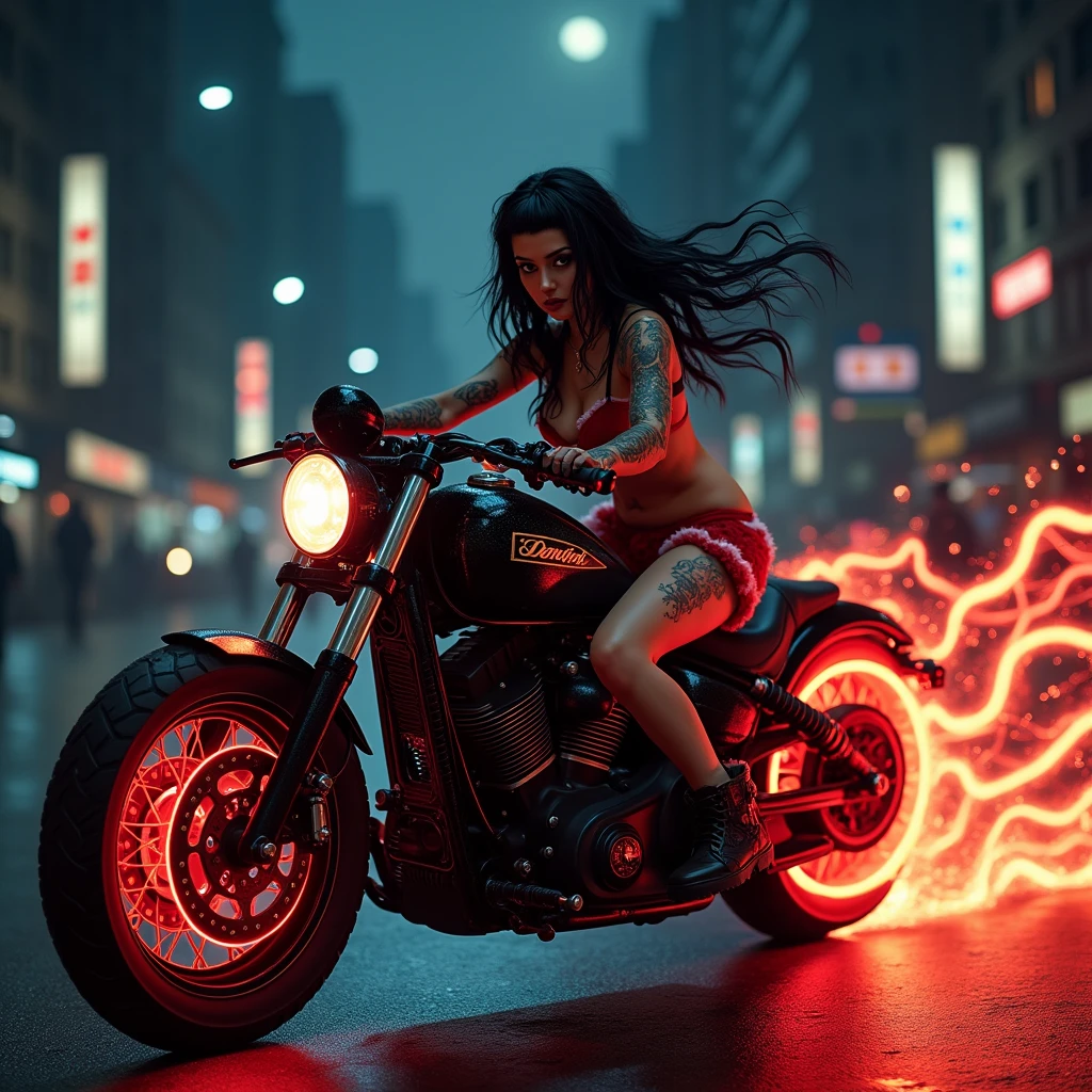 Create a logo for a club that captures the essence of the following keywords: sexy, liberal, magic, Dura, open, using a color palette that includes pink, negro, with a touch of rainbow. The logo should feature a girl on a motorcycle, wearing a helmet that does not show your face, with a powerful and confident attitude. The composition must be visually striking, fusing elements of sensuality and freedom, with a design that conveys both strength and a magical touch. The logo must not contain any text..