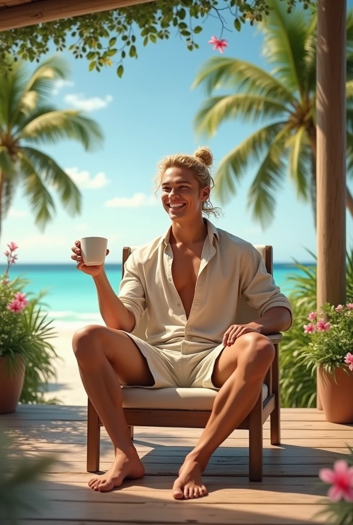 photo of stunning handsome muscular naked Thai men, no female, honey eyes, no shirt short messy windy light brown hair, flipping hair, closeup zoomed in tight crop portrait, sitting outdoors at a cafe, people watching, (no shirt:1.2) top-view (out door french coffee shop scene:1.2) wearing a (linen shorts no shirt:1.3) (coffee in hand:1.3) (Lighting-blue:1.2) foreground objects background details (masterpiece:1.2) (photorealistic:1.2) (bokeh:1.2) (best quality) (color grading) (detailed skin:1.3) (intricate) (8k) (HDR) (cinematic lighting:1.3) (sharp focus), messy windy hair Paris France