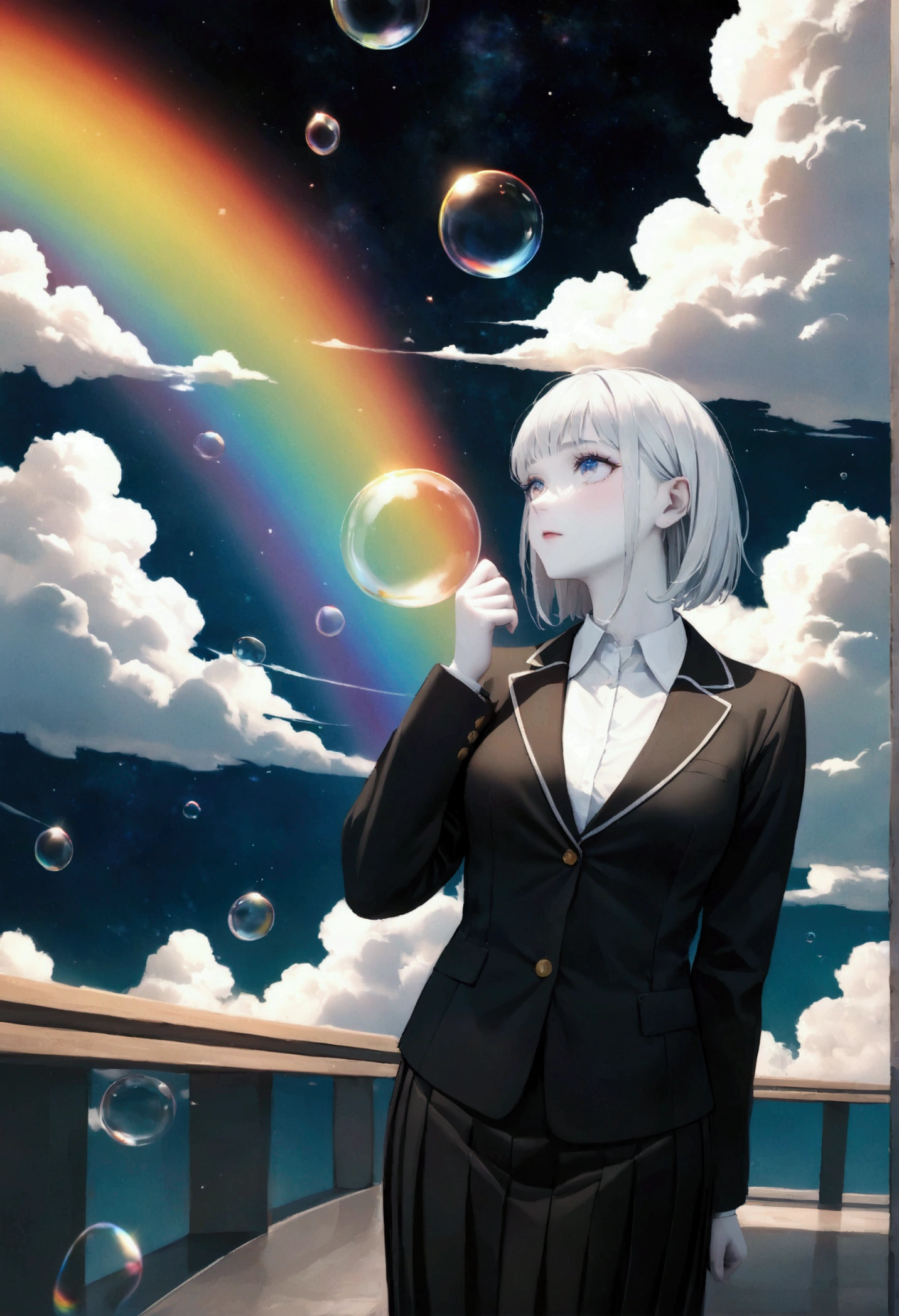 (woman\(student, 20 years old, ＪＫ, Her short silver hair sways, Space-colored eyes, Black school uniform,  blue-white skin)  Looking Up at the Sky ), ( large glass-colored whale in a clear black suit is swimming through the air), Beautiful sky,  Beautiful Clouds ,  colorful summer flowers blooming ., ( transparent bubbles shining like a rainbow here and there), There is a noon moon in the sky and a daytime star , It's a crowded downtown , break ,quality\(8k,非常に精細なCGユニットの wallpaper, masterpiece, high definition ,top-quality,top-quality real texture skin, surreal,  resolution increases when footprints are large , RAW photo,最高quality, very detailed bust, wallpaper, movie lighting,[ ray tracing,Golden Ratio\),(Long Hit), wide shot,