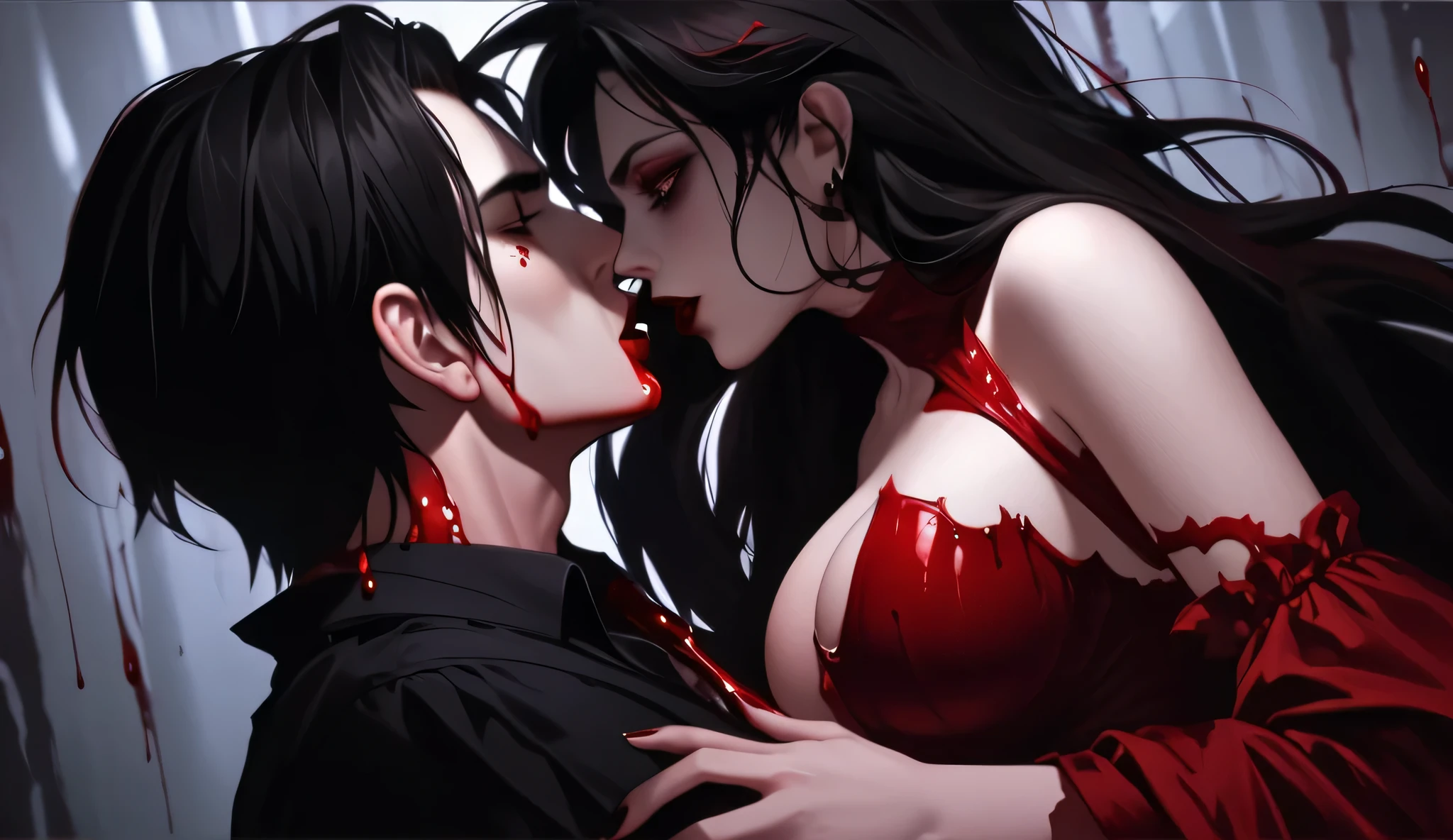 girl with big boobs drinks blood from a young guy's neck ,height 175cm,Vampire,red lips , a drop of blood flowing from the chest,in a red ripped dress, flashlight ,bare knees and calf,Gothic