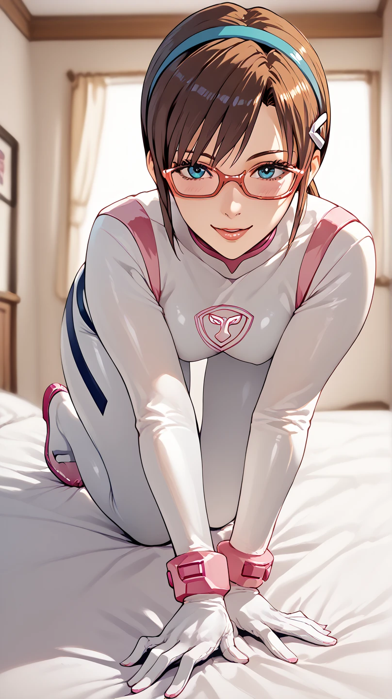  full body  pirot suit　 bed　     view from behind　        

　Makinami Mari Illustrious glasses 　 　 　　　
　 　 　　　                    crawl on all fours 
   ecstatic expression　pov