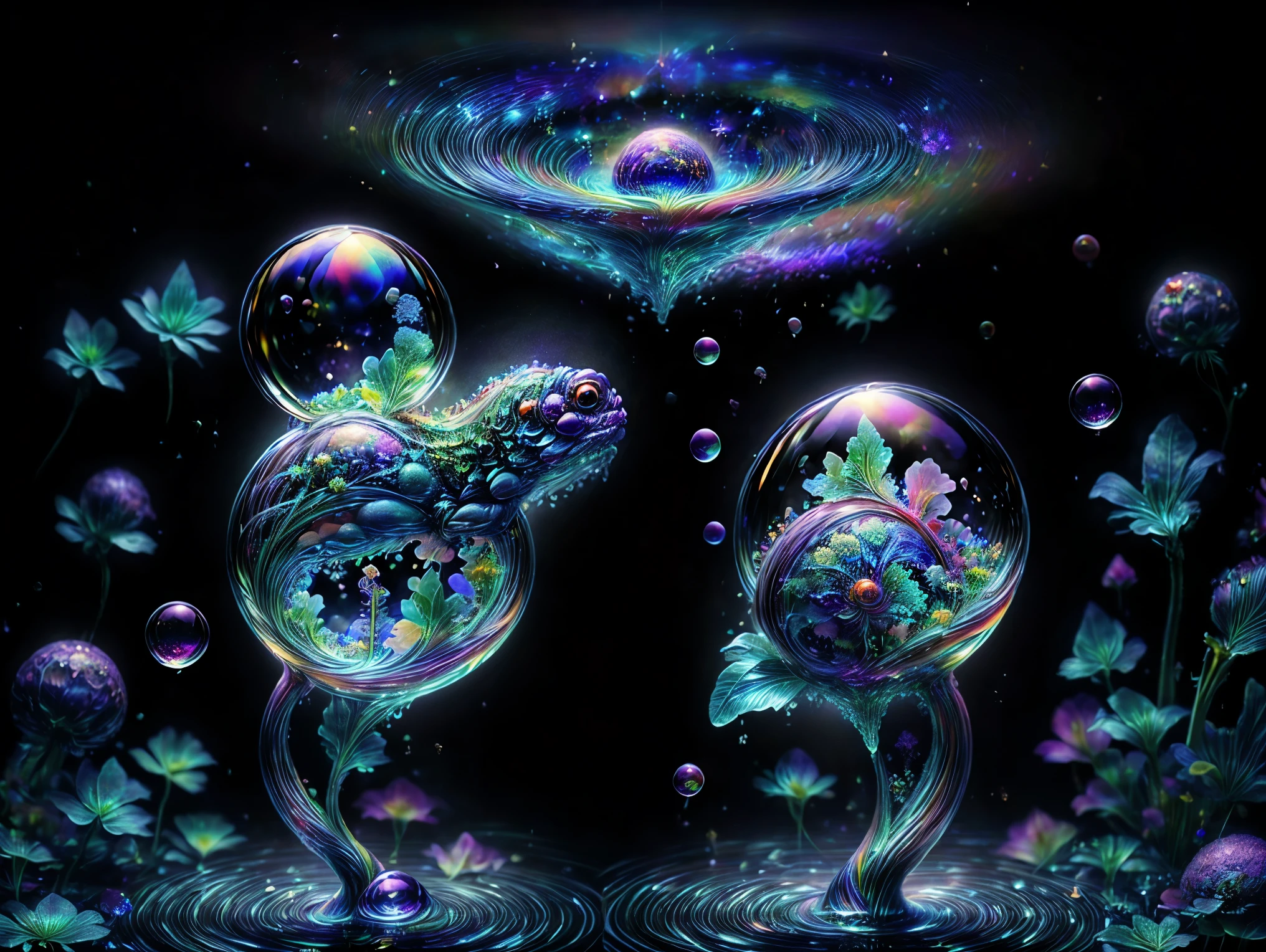 In this dimension colors and shapes change constantly. Psychedelic patterns will appear and disappear or change without warning. Space and time can warp into an optical illusion put through a colidoscope reflected in a funhouse mirror. Reality will bend and twist and spiral out of control here. The sky itself will be change from one neon color to another and will even change textures. The water will change color and thickness and then sometimes change into blood. The water sonetimes takes on a different shape and can join together and lift itself up and away at will. In the end all objects end up perfectly symmetrical spheres 9rbs and bubbles and levitate and orbit around each other. Photorealistic UHD, realism,realistic as hell, cinematic photograph, cinematic portrait,cinematic lighting,cinematography, portrait photography, hyper reality, attention to detail,full focus, nature morphism, crystal,bubble morphism, glass and water morphism,best quality, masterpiece.