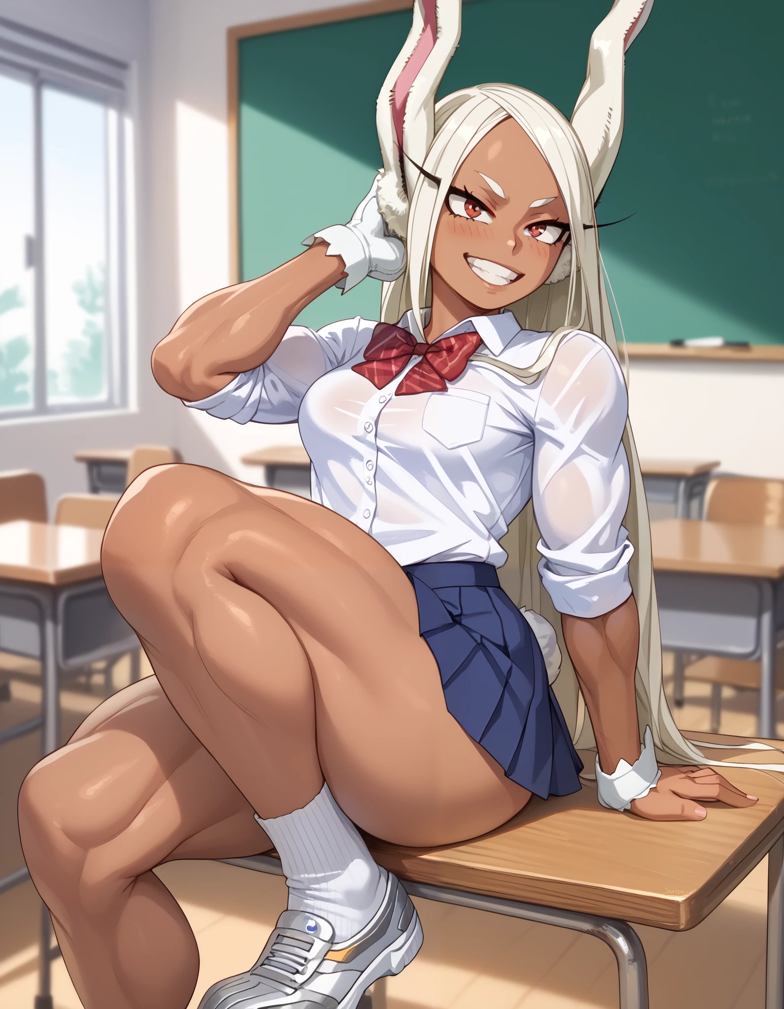  best quality,,detailed,,girl,schoolgirl, with smug expression,blushing,mirko,shapely legs,, mirko vs fat bastard, mirko my hero academia , mirko school costume NSFW, , curvy, small breasts, beautiful face, in a sexy pose, , ,big thighs and ass, muscles, slutty, bitch, in class,  bunny tail, , mirko vs anonymous fat history teacher, 