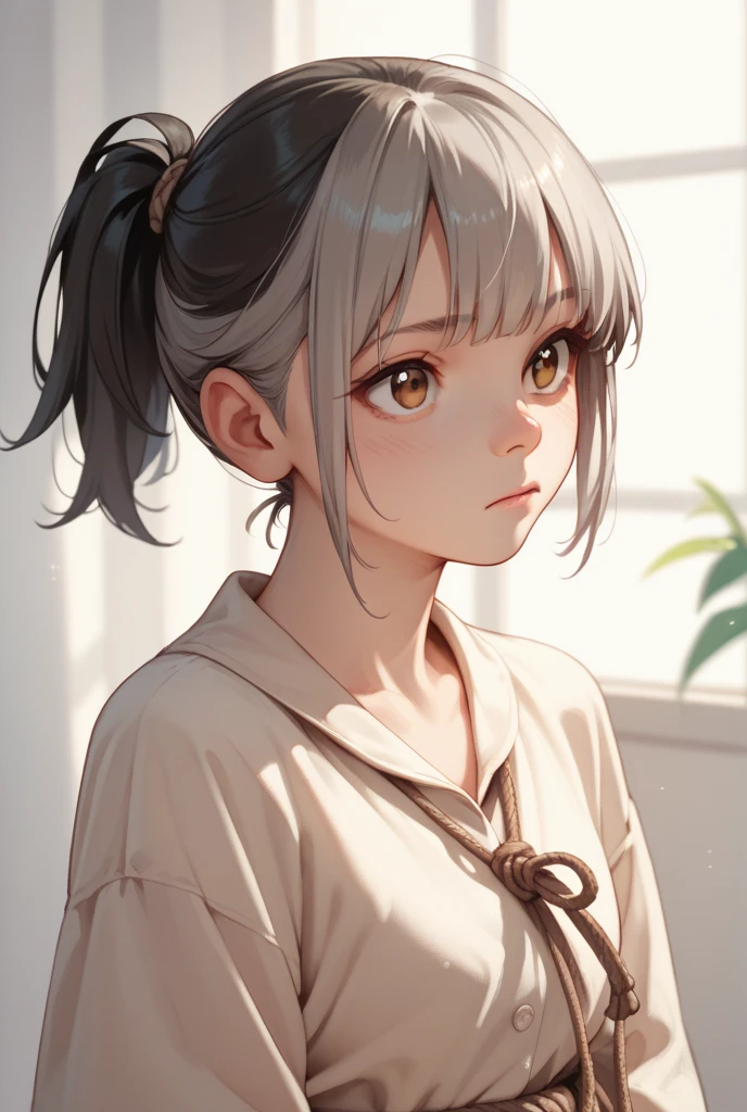 Rin has fair skin, bright brown eyes, and long black hair with short bangs. She has the right side of her hair tied up into a small ponytail jutting out in front of her face by a light gray hair tie.