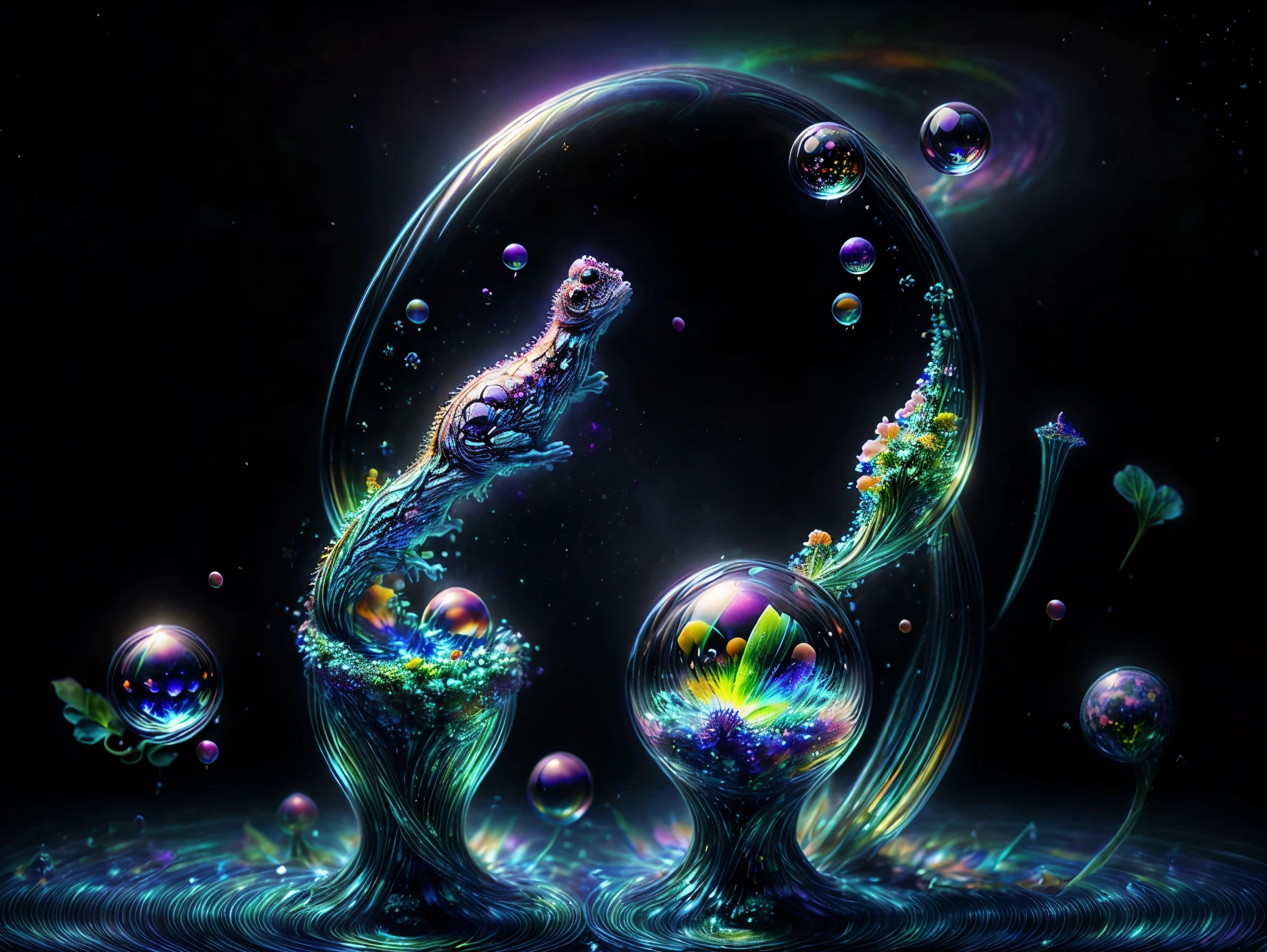 In this dimension colors and shapes change constantly. Psychedelic patterns will appear and disappear or change without warning. Space and time can warp into an optical illusion put through a colidoscope reflected in a funhouse mirror. Reality will bend and twist and spiral out of control here. The sky itself will be change from one neon color to another and will even change textures. The water will change color and thickness and then sometimes change into blood. The water sonetimes takes on a different shape and can join together and lift itself up and away at will. In the end all objects end up perfectly symmetrical spheres 9rbs and bubbles and levitate and orbit around each other. Photorealistic UHD, realism,realistic as hell, cinematic photograph, cinematic portrait,cinematic lighting,cinematography, portrait photography, hyper reality, attention to detail,full focus, nature morphism, crystal,bubble morphism, glass and water morphism,best quality, masterpiece.