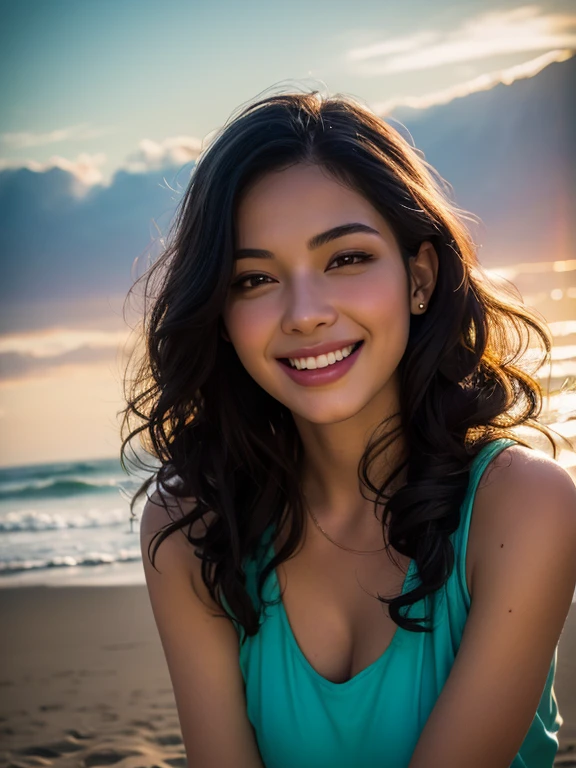 (RAW photo:1.2), (Photorealistic:1.4),(masterpiece:1.3),(highest quality:1.4),ultra high res,HDR,8k, (extremely detailed illustration), 1 girl, detailed beautiful face, young girl, long curly hair, smile, Alone, look at viewer, clean background, on the beach, depth of field, natural lighting,(Transparent silhouette)