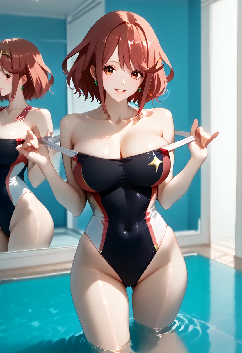 best quality, masterpiece, high resolution, super detailed skin, perfect anatomy, beautiful detailed eyes, pyra \(xenoblade\), 1girl, red hair, short hair, swept bangs, bob cut, red eyes, Outstanding smile、 teenage girl、huge breast、Shiny skin、sexy pose, (Competition swimwear:1.5), (One piece swimsuit:1.2), (High leg swimsuit:1.2), (Reflection of light:1.4), High leg panties, (one-piece swimsuit pull)