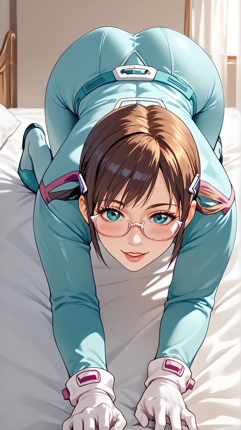  full body  pirot suit　 bed　     view from behind　        

　Makinami Mari Illustrious glasses 　 　 　　　
　 　 　　　                    crawl on all fours 
   ecstatic expression　pov