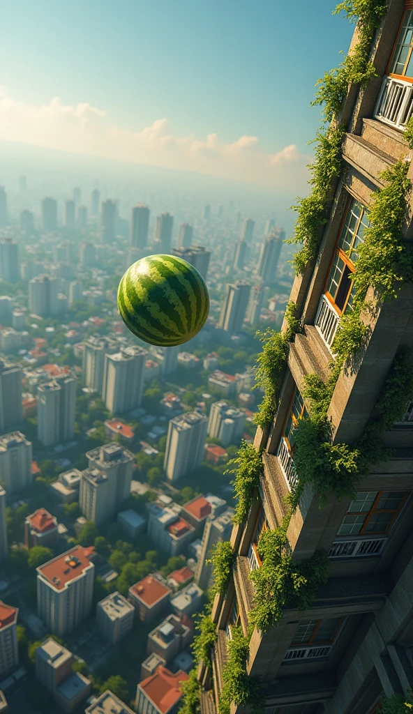   Aerial View ，Drop a watermelon on a tall building and go to the ground