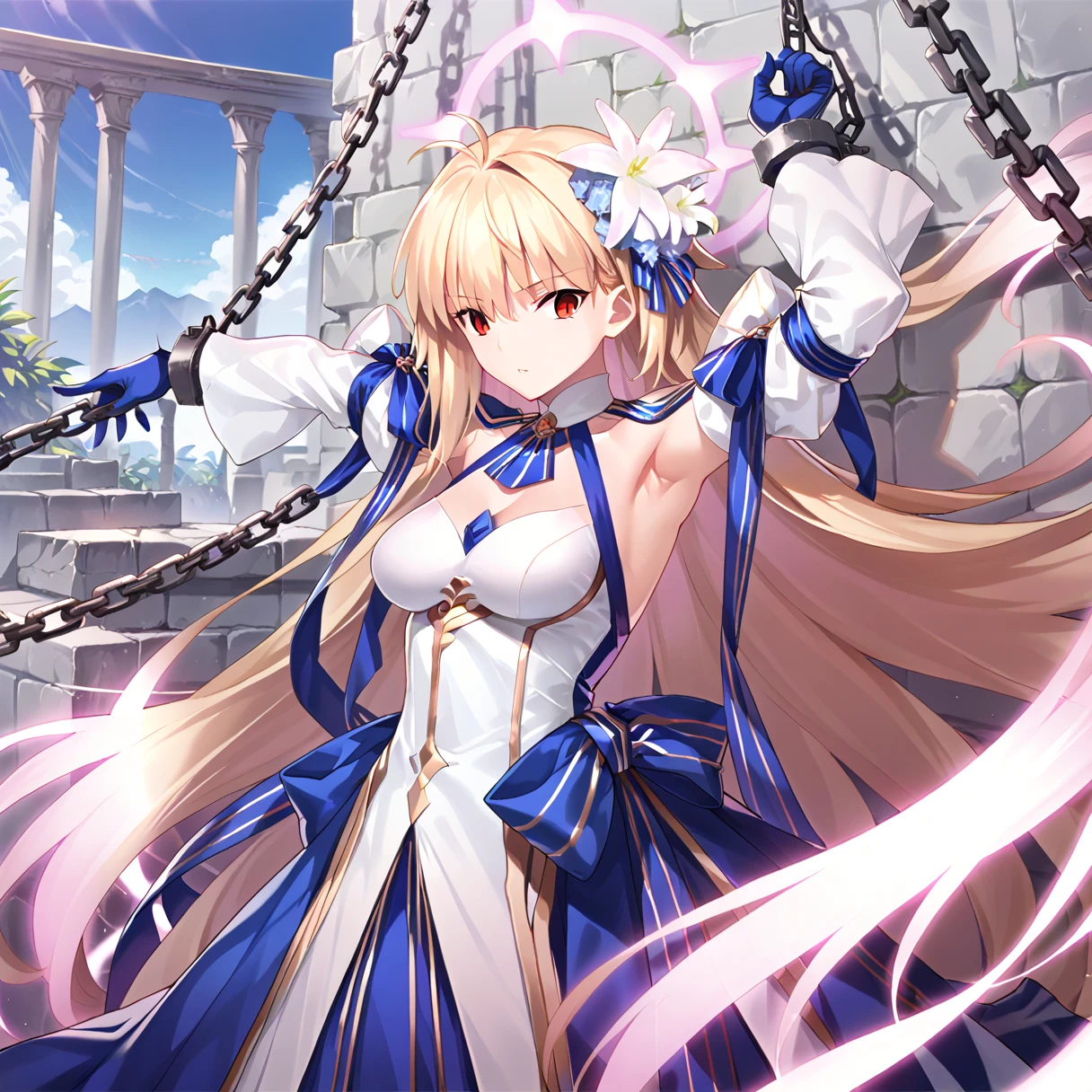  1 girl, Alone, (arc_3:1.1), slit pupils, chest, Blonde,  long hair,  dress,  skirt, white  dress,  red eyes, Separate sleeves, hair accessories,  clevis on a stone, bangs, very  long hair, long  skirt,  Colored Clothes, Bare shoulders, blue  skirt, multicolored  skirt,  gloves,   detached color , White Haired Flower , ribbon, (Partially Glowing Hair :1.1),   knight ,   knight  sky,  chained,  restrained , arms up, halo,
score_9, score_8_up, score_7_up, masterpiece,
