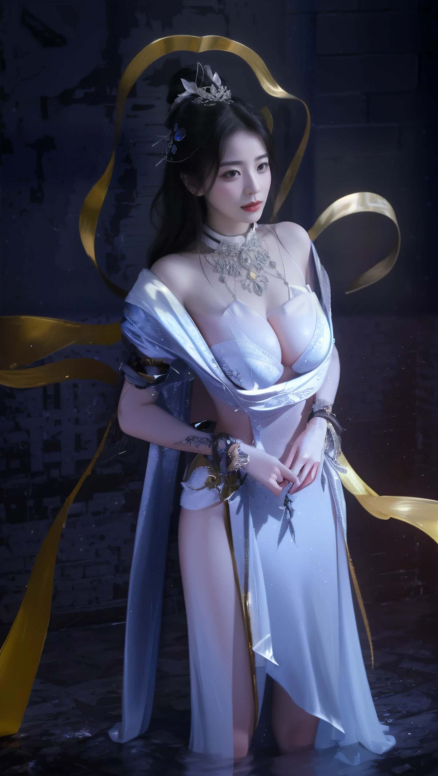 (extremely detailed 8K wallpaper),(ultra-detailed),(best quality),(masterpiece),(highly detailed),(cinematic lighting),(Original),Cold ligh，moody,(Chinese elaborate-style painting ),1girl,solo, artist:aoi masami,year 2023 ,blindfold,gradient hair ,black nails,asymmetrical legwear,black choker, blush,breasts ,bridal gauntlets ,clothing cutout ,corruption,dark persona,detached sleeves ,earrings,groin ,hair flower,hair ornament,high heels,highleg leotard ,leotard,mismatched legwear ,multicolored hair,navel piercing ,pubic tattoo, sidelocks ,single thigh boot ,thigh gap,thighhighs, waist cape,light and shadow contrast, cowboy shot, hand wave, "Stop" command, stateliness, chain, expressionless, delicate red eyes, [[glowing eyes]], {solo focus}, black hair, hood up, silver necklace, blood stain, ritual, Bloody Hexagram, Masked cultists behind the girl, fog, dark, outdoor, {{{Horror theme}}}, {{{Weird world}}}, monochrome