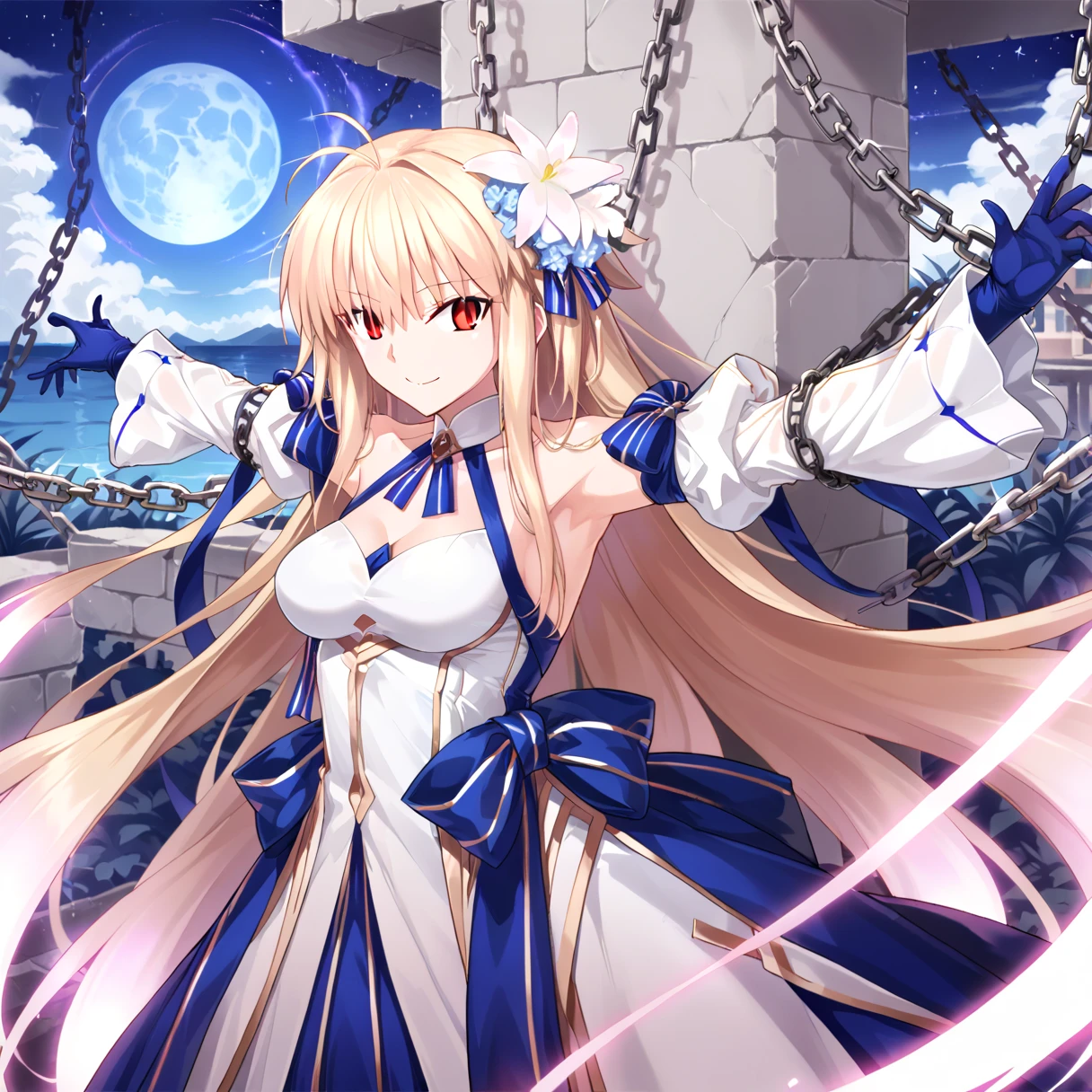  1 girl, Alone, (arc_3:1.2), (slit pupils:1.1), chest, medium chest, Blonde,  long hair,  dress, white  dress,  red eyes, Separate sleeves, hair accessories,  clevis on a stone, bangs, very  long hair,  Long Skirt,  Colored Clothes, Bare shoulders,  blue skirt,   multicolor skirt,  gloves,   detached color , White Haired Flower , ribbon, Partially Glowing Hair , star (null), night null, moon, Lightsmile ,   Closed Mouth ,  watching viewers against a tropical island in the background, ( restrained :1.1), (鎖inつながれた:1.1), arms up,  Arms Outstretched ,  in, In the city, indoor, I wrapped a chain around my waist, 
score_9, score_8_up, score_7_up, masterpiece,
