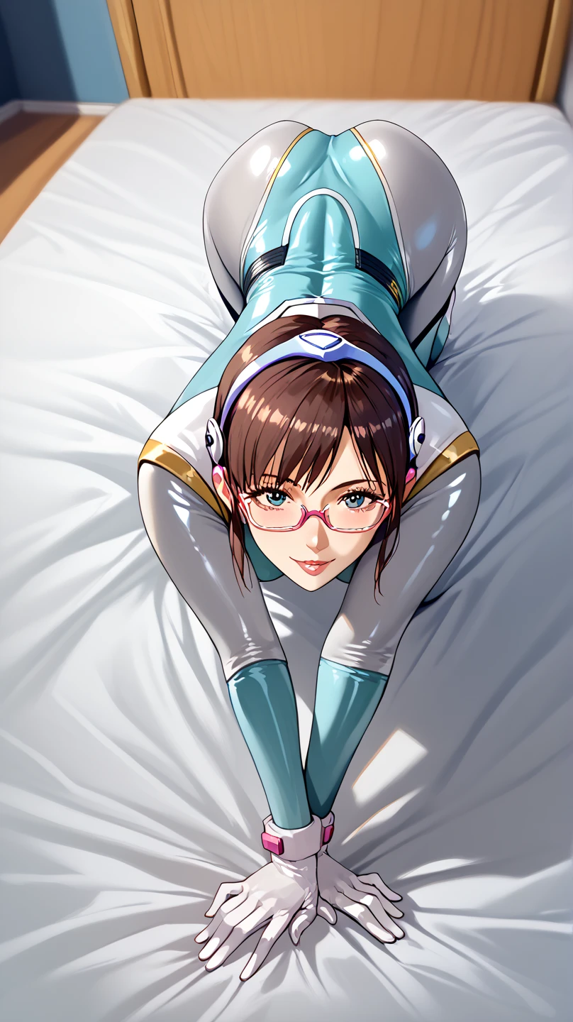  full body  pirot suit　skin tight　 bed　                      view from behind　        

　Makinami Mari Illustrious glasses 　 　 　　　
　 　 　　　                    crawl on all fours 
   ecstatic expression　pov