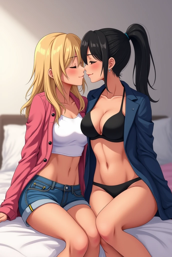 Tall, busty, big-assed, toned black woman kissing a skinny white girl, small blonde, small breasts and small ass, college library background
